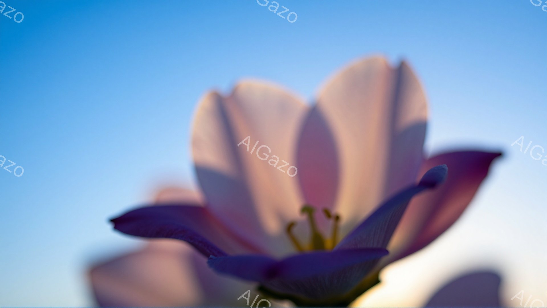 鮮やかなピンクと紫色のチューリップの花びらが、青空を背景に大きくクローズアップされている。中心部には黄色の花粉が見え、花びらの柔らかい質感が強調されている。全体的に春の暖かさと生命力を感じさせる、明るく美しい写真である。