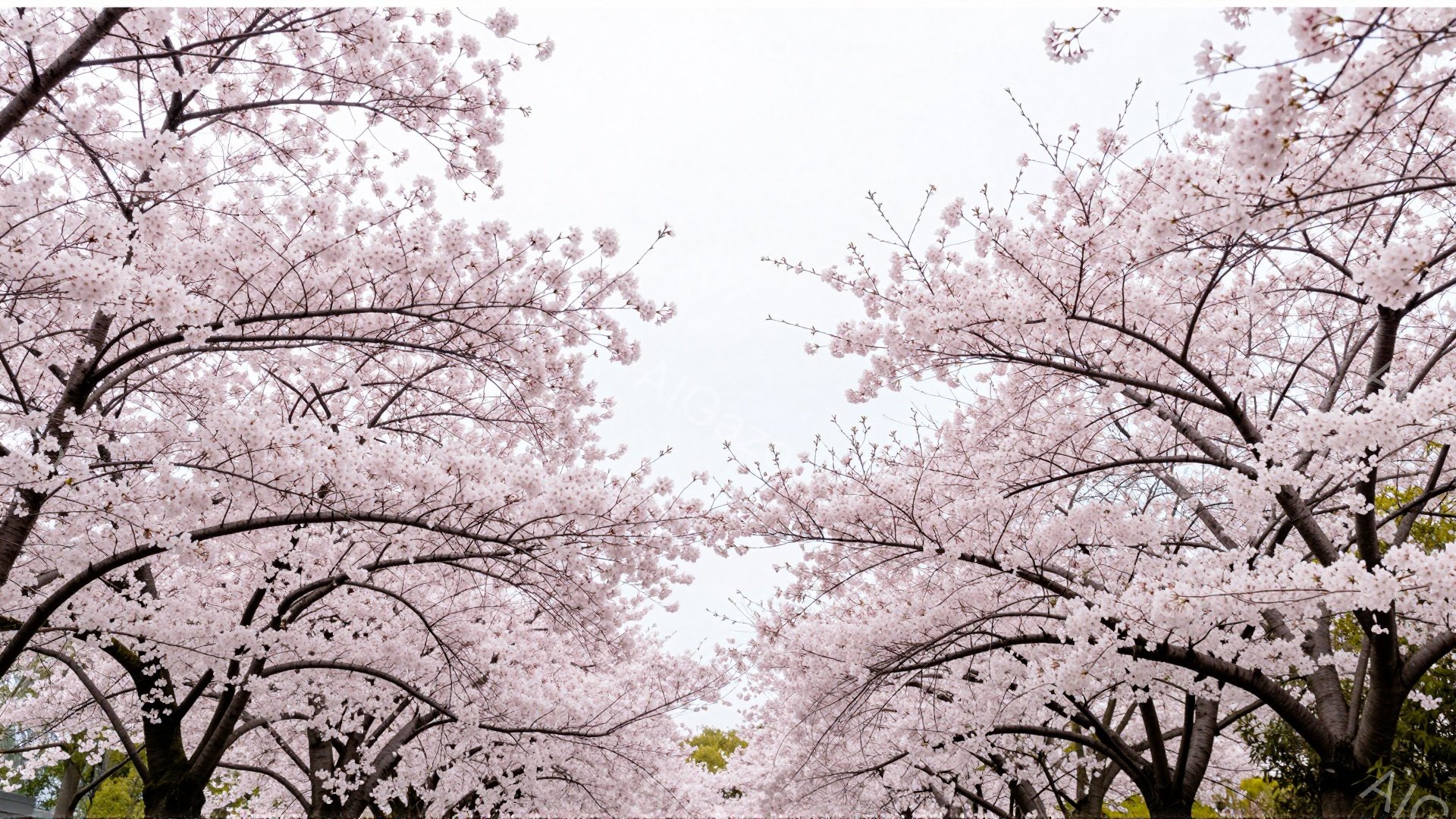 桜の並木道が画面全体を覆い、春の訪れを感じさせる美しい光景です。満開の桜の花びらが空を覆い、地面には淡いピンク色の影が広がっています。背景には緑の葉がわずかに見え、穏やかな春の陽気が漂う、幻想的な雰囲気です。