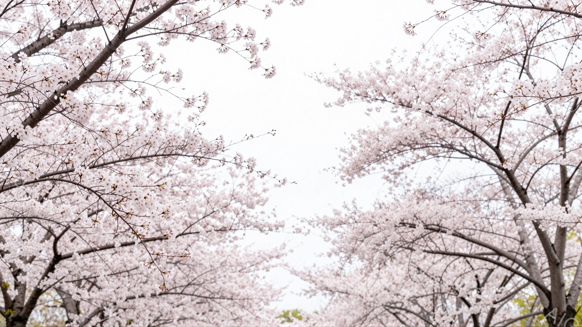 空を見上げるように桜の枝が広がり、まるでトンネルのように咲き誇っている風景です。薄桃色の花びらが密集し、春の暖かさと優しさを感じさせます。背景は柔らかい光に包まれ、穏やかで幻想的な雰囲気を醸し出してい - AI生成フリー素材