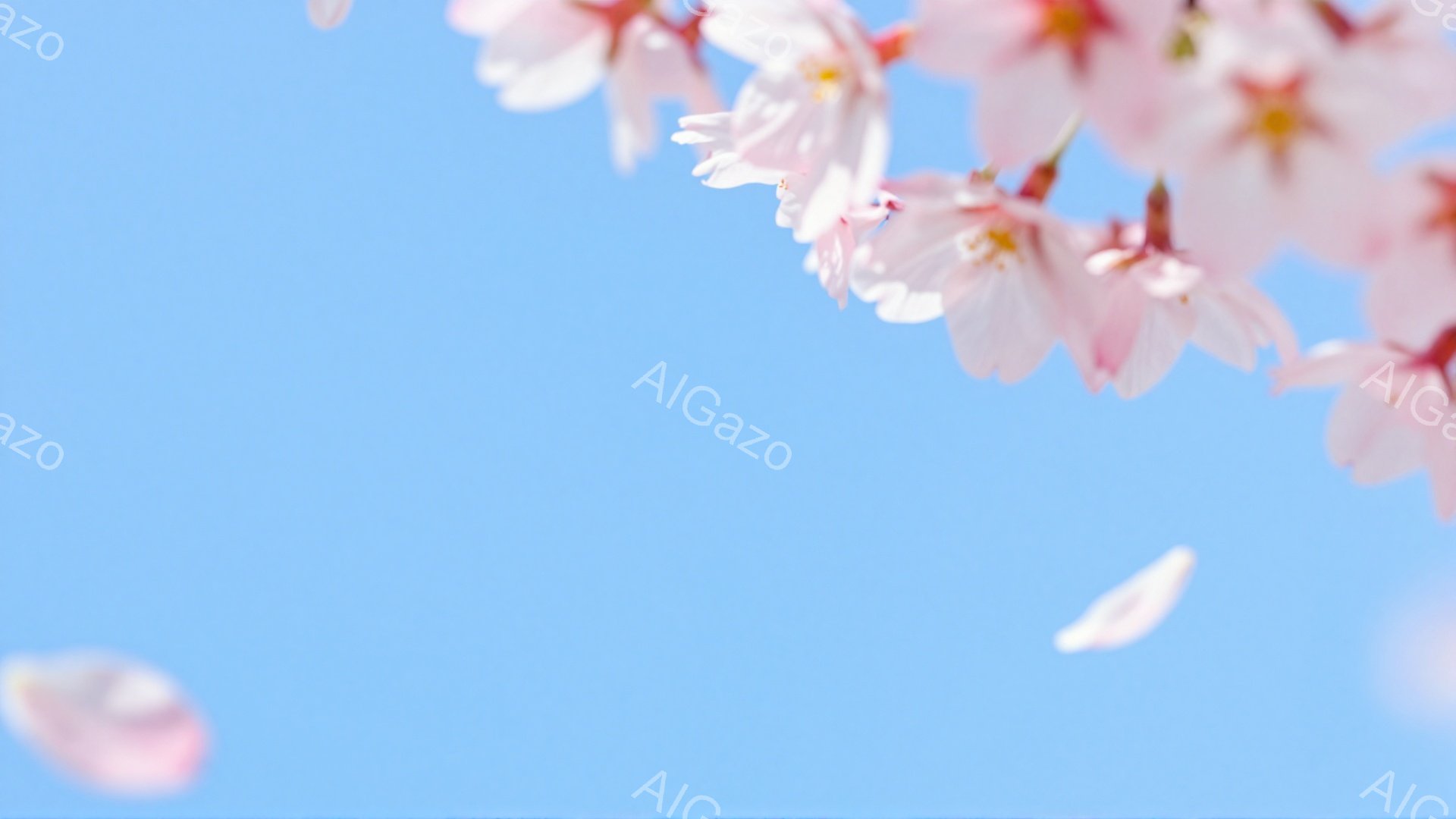 鮮やかな青空を背景に、桜の花びらが舞い散る様子が捉えられています。桜の淡いピンク色が空の青色と調和し、春の穏やかな雰囲気を醸し出しています。花びらはまるで雪のようにゆっくりと舞い落ち、儚く美しい瞬間を - AI生成フリー素材