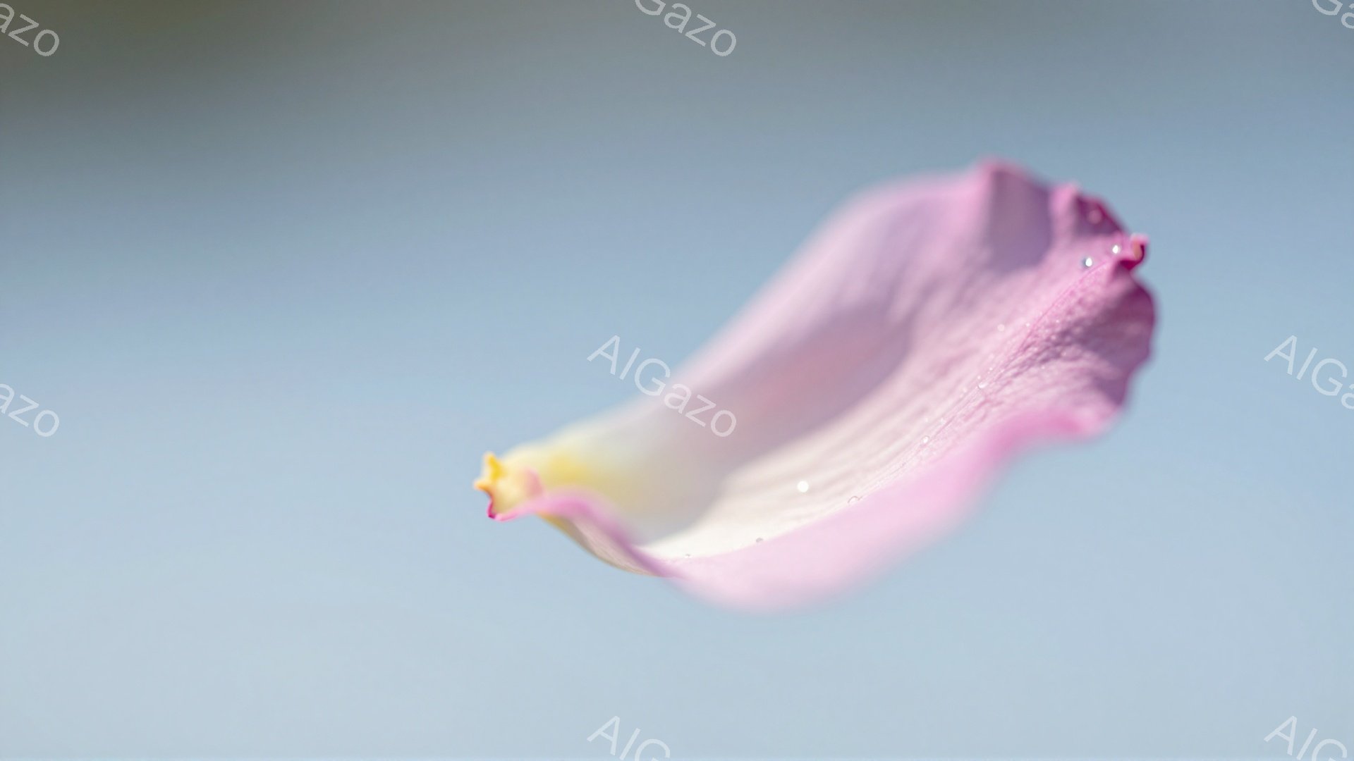 淡いピンクとクリーム色のグラデーションが美しい花びらが、空に舞い散っている様子が捉えられています。光が透過し、花びらの繊細な脈や質感を際立たせており、まるで水彩画のような優しい印象を与えます。背景は淡い水色で、花びらの儚さと美しさを際立たせています。