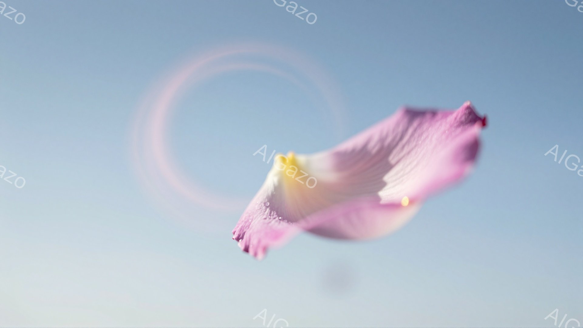 空を舞う薄紫色の花びらが印象的な写真です。花びらはわずかにカールしており、背景の青空とコントラストをなしています。全体的に柔らかく、夢幻的な雰囲気を醸し出しています。