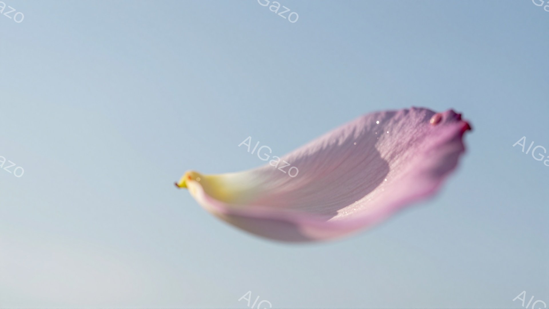 淡いピンクと白のグラデーションが美しい花びらが、青空を背景に舞い散っている様子が捉えられています。花びらの繊細な脈や、朝露のような水滴が光を反射し、儚くも美しい雰囲気を醸し出しています。背景は均一な水 - AI生成フリー素材