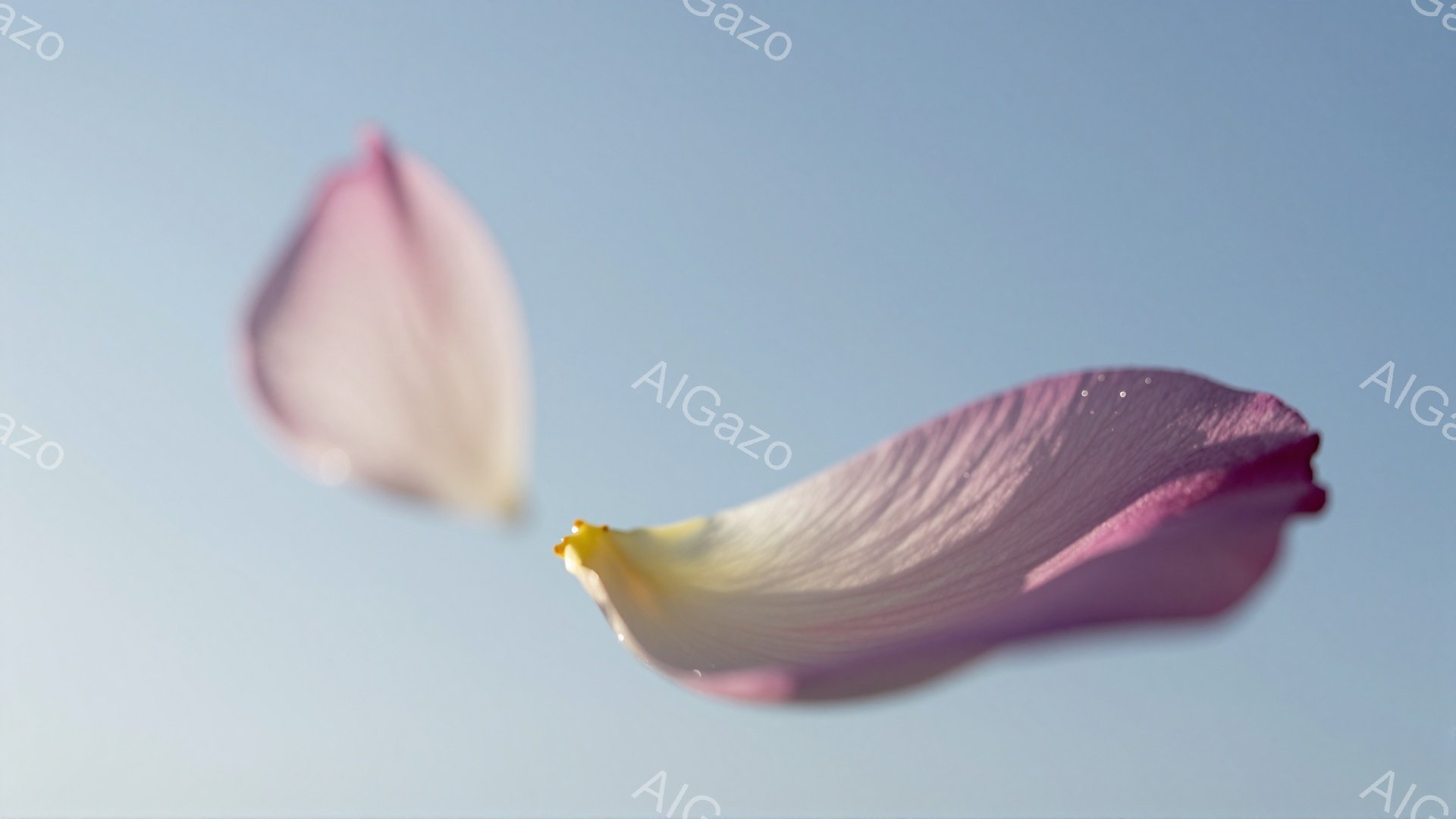 薄紫色のバラの花びらが二枚、青空を背景に舞い散っている様子が捉えられています。花びらの縁はわずかに黄色がかった白色で、光に透けて繊細な模様が浮かび上がっています。全体的に穏やかで夢幻的な雰囲気が漂い、春の暖かな一日を連想させます。