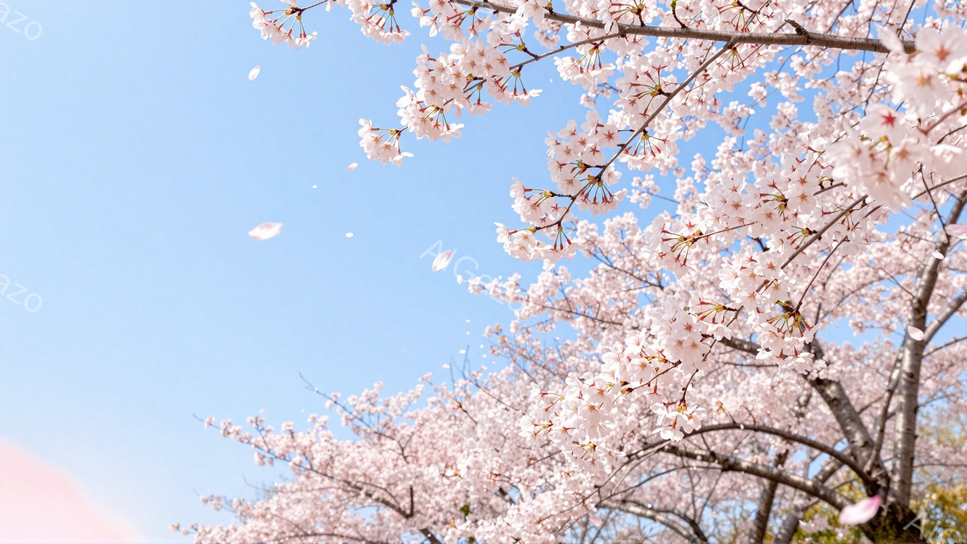 満開の桜が空いっぱいに広がり、花びらが舞い散っている様子が捉えられている。青空を背景に、淡いピンク色の桜が美しく、春の暖かさと穏やかな雰囲気を醸し出している。枝は力強く伸び、生命力に溢れた印象を与える - AI生成フリー素材
