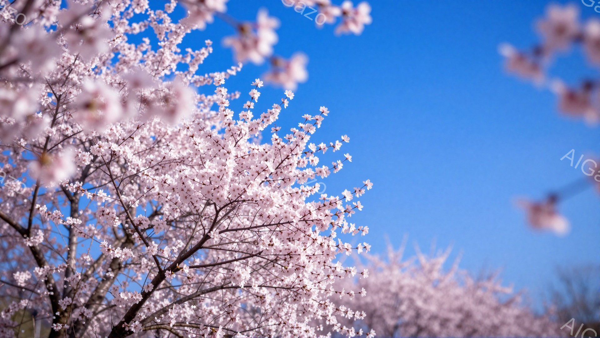 空は澄んだ青色で、桜の花が咲き乱れている様子が写っている。桜の花びらは淡いピンク色で、枝いっぱいに咲き誇り、春の暖かさと生命力を感じさせる。背景は青空で、桜の花の美しさを際立たせ、穏やかで優しい雰囲気 - AI生成フリー素材