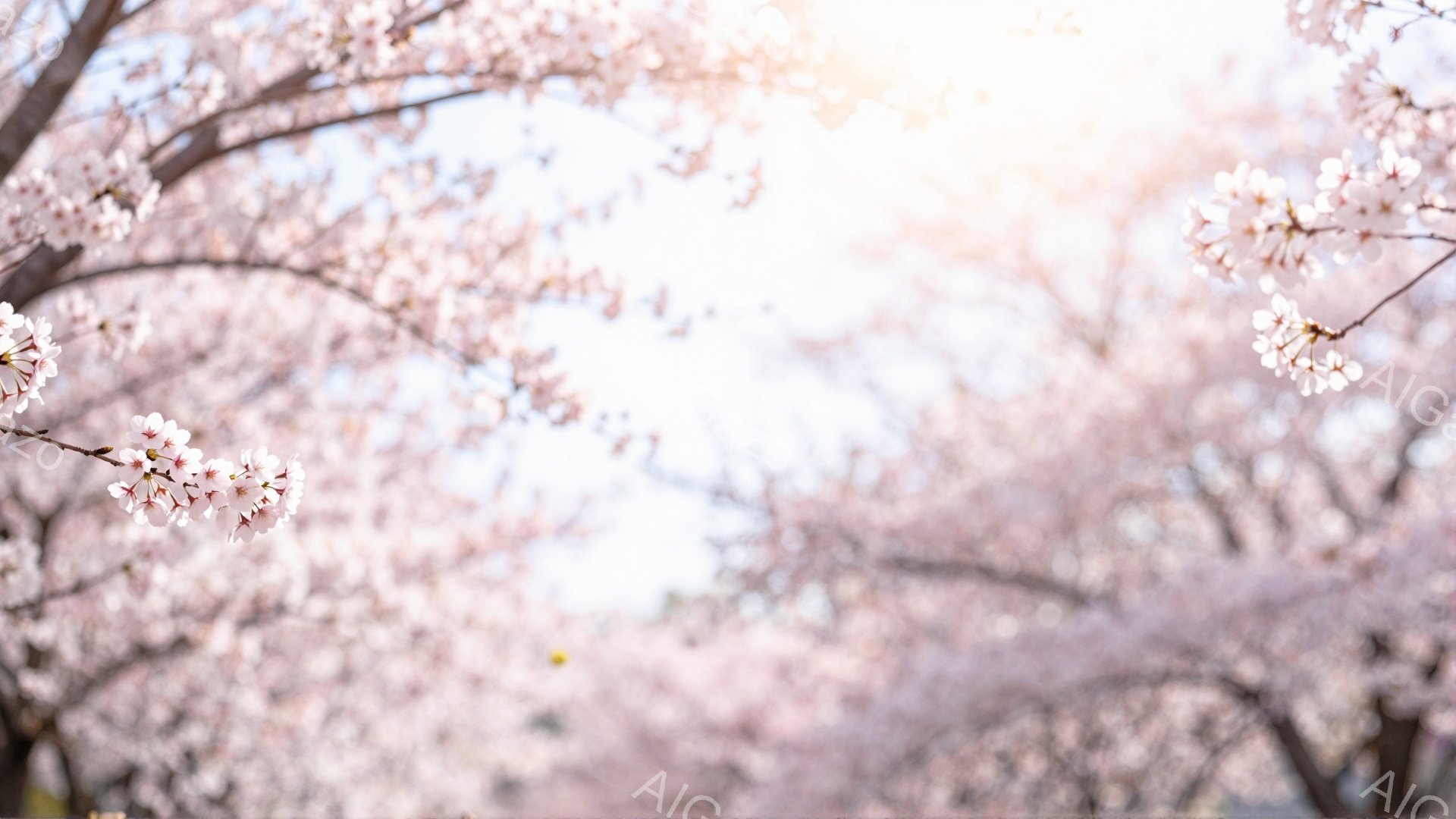 桜並木が続く道を行く人々がぼやけて見える、春の風景です。 桜の花びらが咲き乱れ、空には柔らかい光が差し込んでいます。 全体的に暖かく、幻想的な雰囲気で、春の訪れを感じさせます。