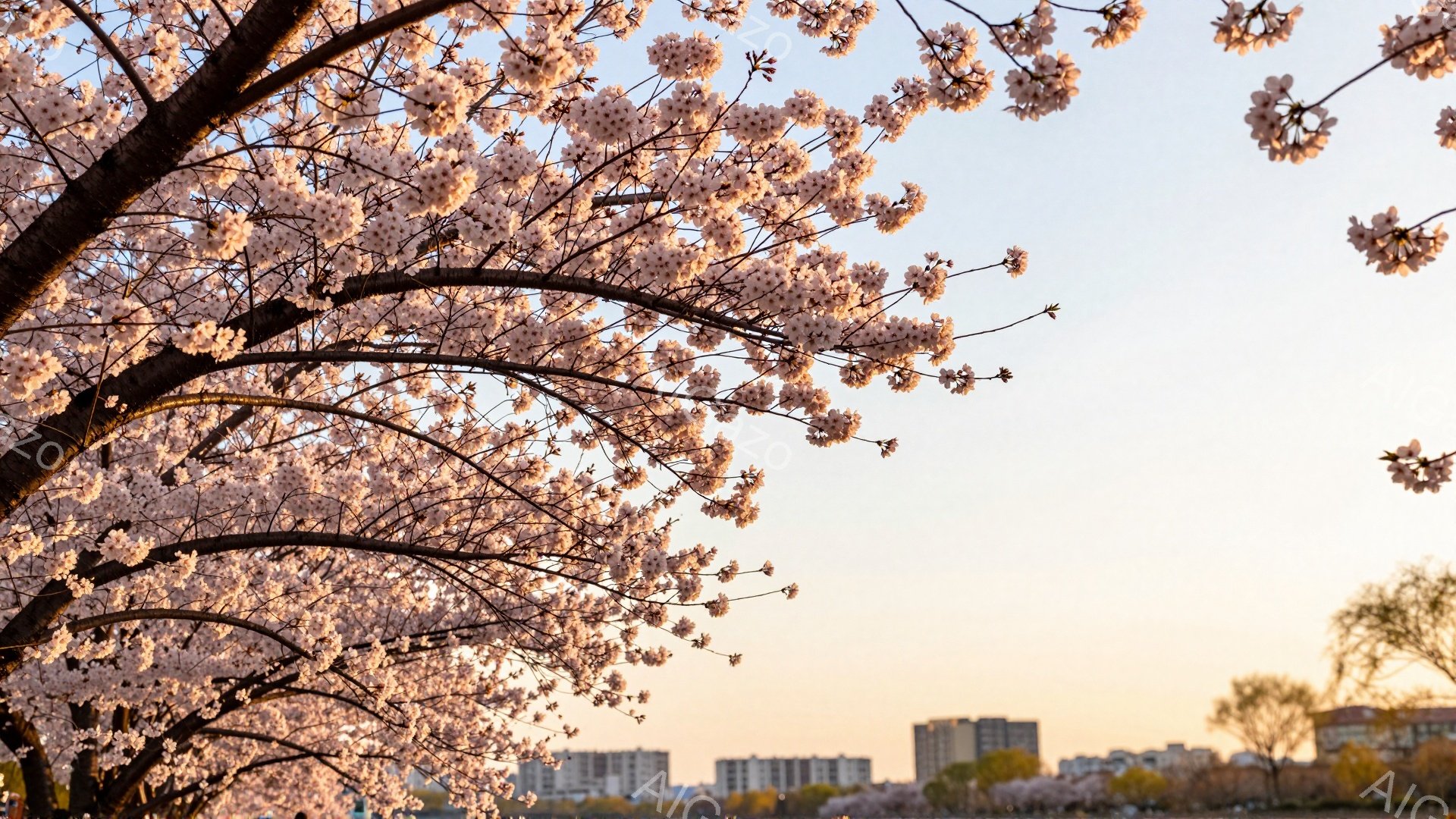 満開の桜の花が枝いっぱいに咲き誇り、まるでトンネルのように見える美しい風景です。背景には、夕焼けに照らされた穏やかな空と、遠くの建物が見え、春の暖かな雰囲気を漂わせています。全体的に柔らかい光に包まれ、心地よい安らぎを感じさせる光景です。