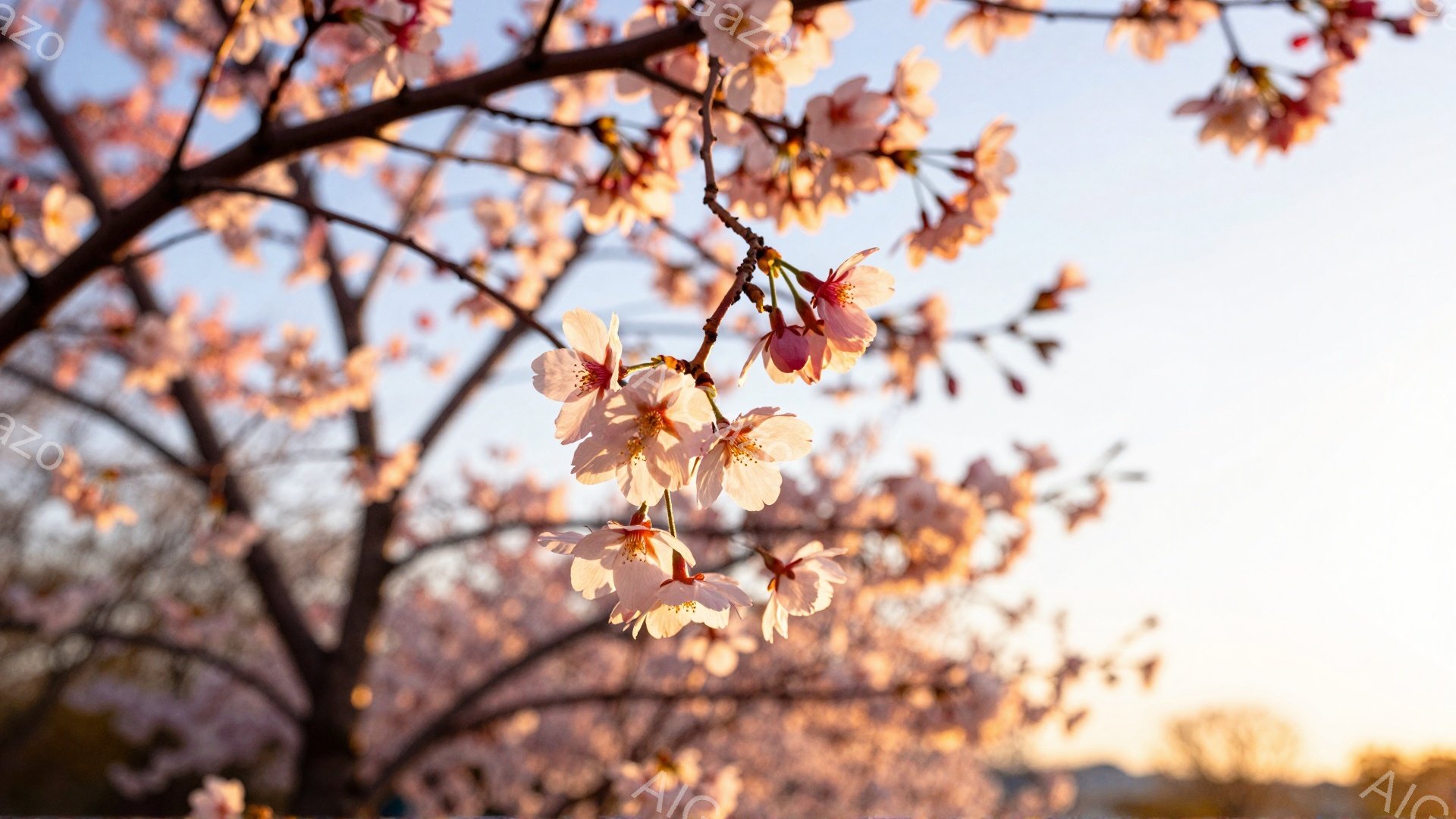 薄桃色の桜の花が咲き乱れ、春の訪れを感じさせる一枚である。背景には穏やかな空と緑の木々が広がり、柔らかな光が全体を包み込んでいる。花びらの繊細さと背景のぼかしによって、夢幻的な雰囲気が醸し出されている。