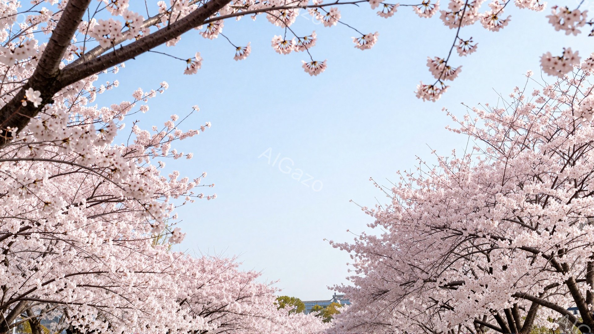 桜の木々が両側から画面を彩り、春のトンネルのような美しい景観を作り出している。遠景には、薄いブルーの空と、建物の屋根が見え、穏やかな春の日の雰囲気が漂う。全体的に、柔らかいピンク色の桜の花びらが、暖か - AI生成フリー素材