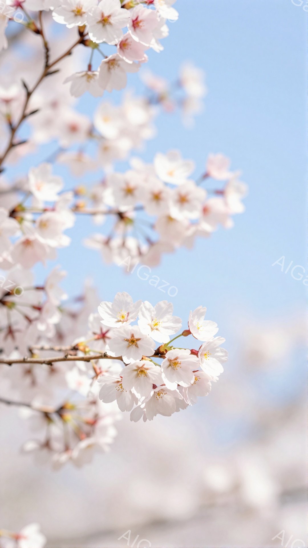 桜の花が満開の枝が画面いっぱいに広がっており、淡いピンク色の花びらが柔らかい光の中で輝いている。背景には、ぼやけた桜並木と澄んだ青空が広がり、春の穏やかさと優美さを表現している。全体的に、暖かく、希望 - AI生成フリー素材
