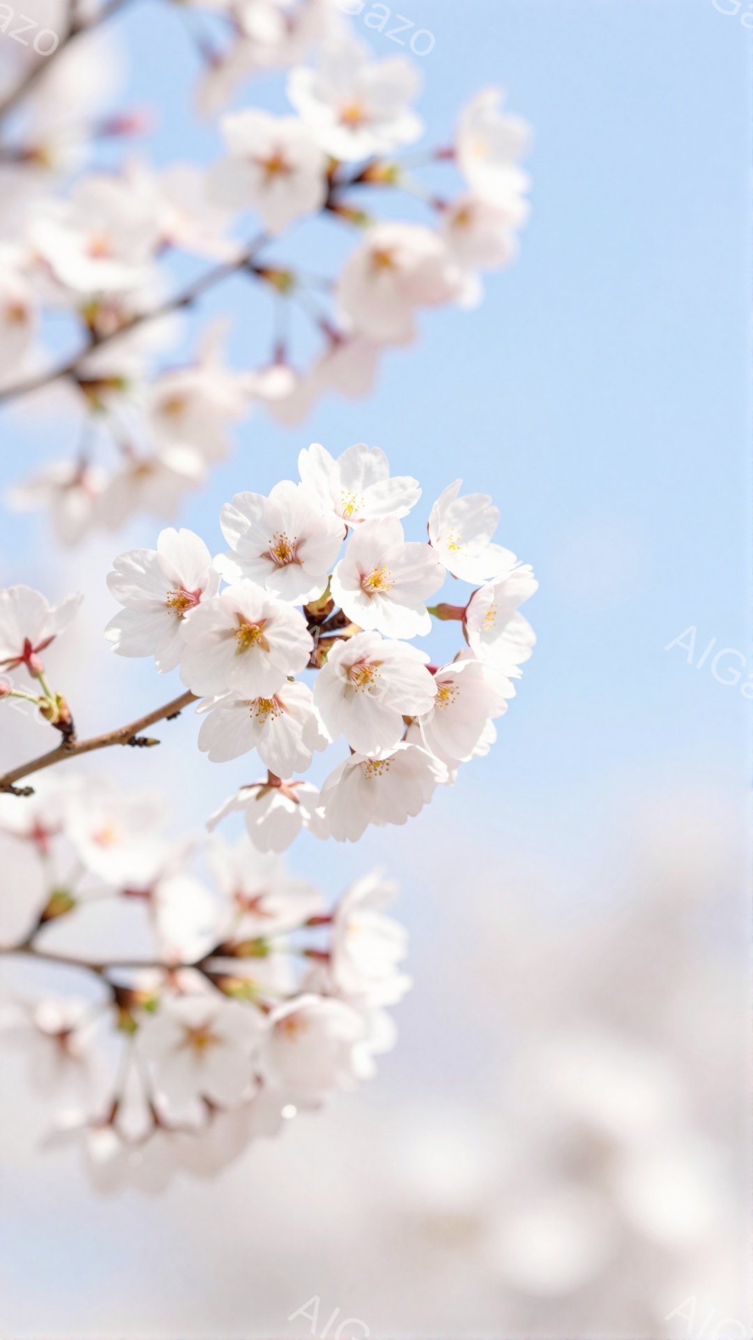 桜の花が咲き誇る、春の風景です。淡いピンク色の花びらが密集し、背景にはぼんやりとした青空が広がっています。全体的に柔らかく、穏やかな雰囲気で、春の訪れを感じさせます。 - AI生成フリー素材