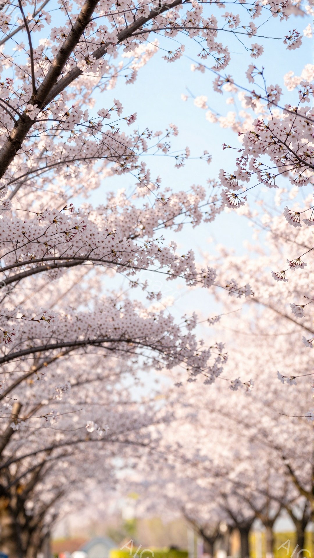 桜並木が続く風景で、満開の桜の花びらが空を覆い、春の訪れを感じさせます。 道路の両側に咲き誇る桜は、淡いピンク色で、まるでトンネルのようです。 青空と桜のコントラストが美しく、穏やかで優しい雰囲気が漂 - AI生成フリー素材