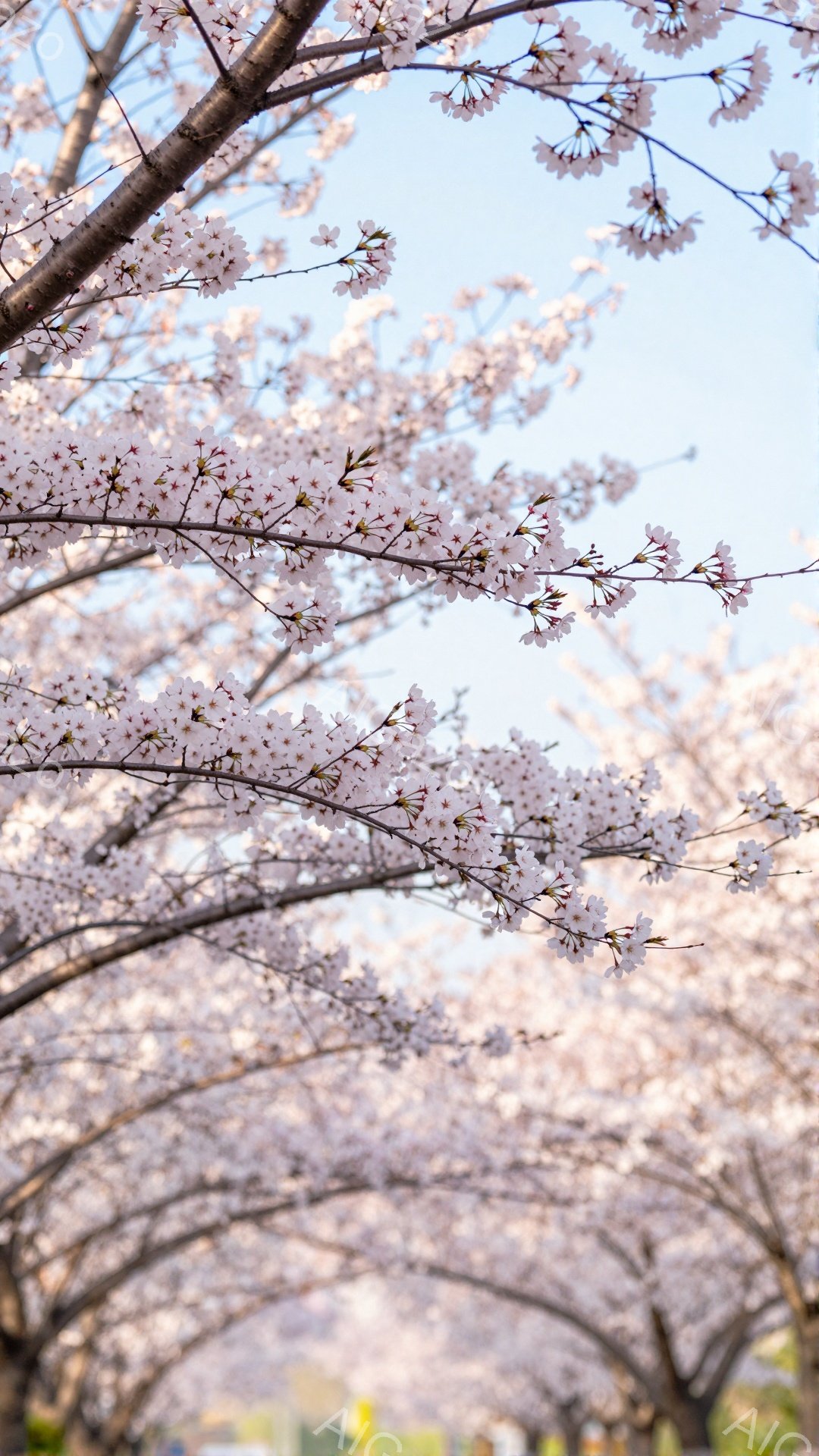 満開の桜並木が写真全体を覆っており、淡いピンク色の花びらが春の訪れを感じさせます。 枝は空に向かって伸び、背景にはぼんやりと緑の草地と青空が見えます。 全体的に柔らかく、幻想的な雰囲気で、春の暖かさと - AI生成フリー素材
