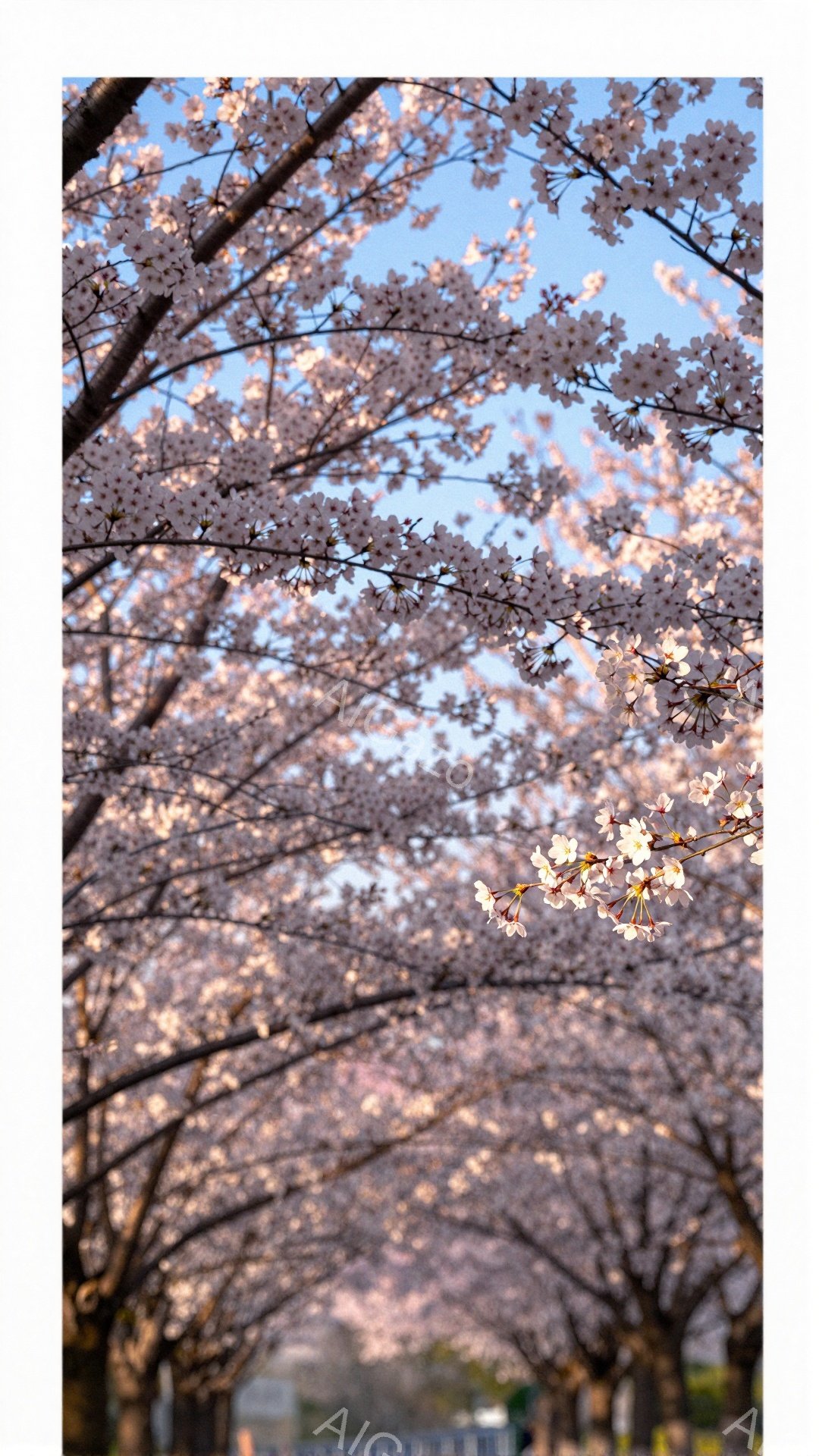 満開の桜並木が続く風景で、空は薄い青色に染まっている。桜の花びらは密集し、トンネルのように咲き誇り、春の暖かさと穏やかな雰囲気を醸し出している。道路や建物がぼんやりと見え、桜の美しさが際立っている。 - AI生成フリー素材