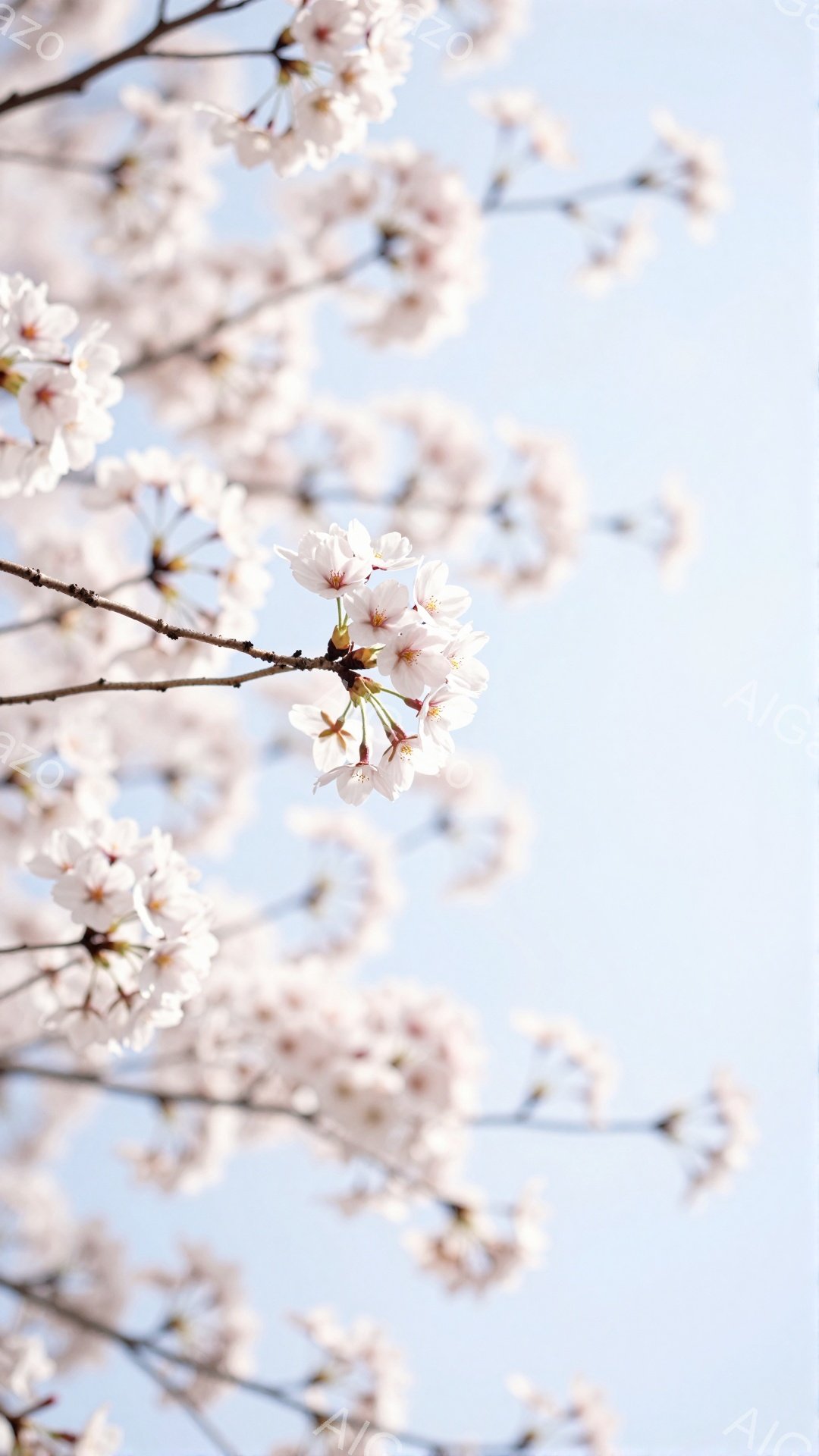 桜の花が咲き乱れ、青空を背景に春の訪れを感じさせる一枚です。花びらは白く、ほんのりとピンク色が混ざり、柔らかい光に照らされています。背景は穏やかな青空で、全体的に優しく、穏やかな雰囲気を醸し出していま - AI生成フリー素材