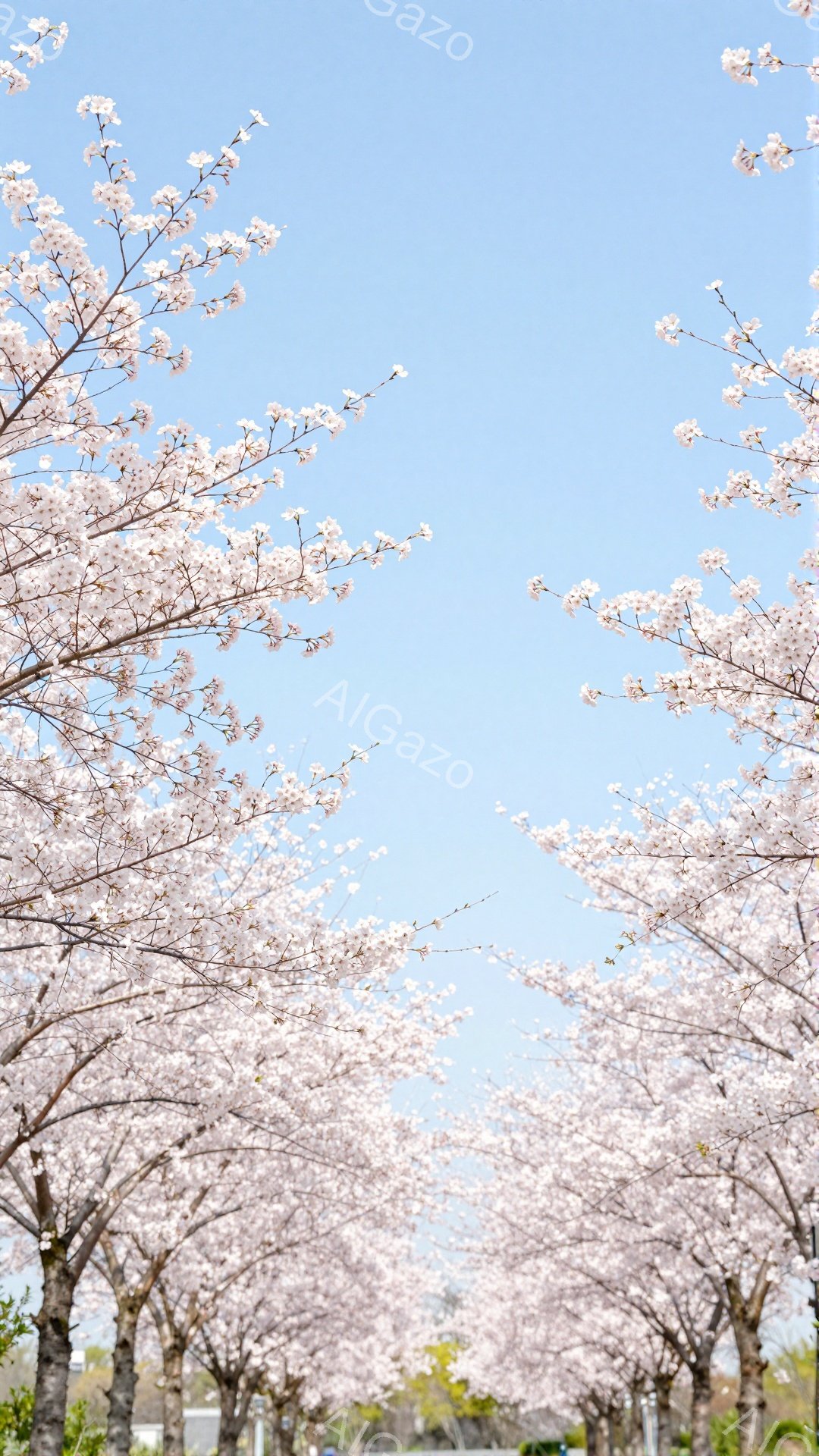 桜並木が青空を覆うように咲き誇り、まるでトンネルのように見える美しい風景です。 桜の花びらは淡いピンク色で、春の暖かさと優しさを感じさせます。 木々の幹は整然と並び、穏やかで平和な雰囲気を醸し出してい - AI生成フリー素材