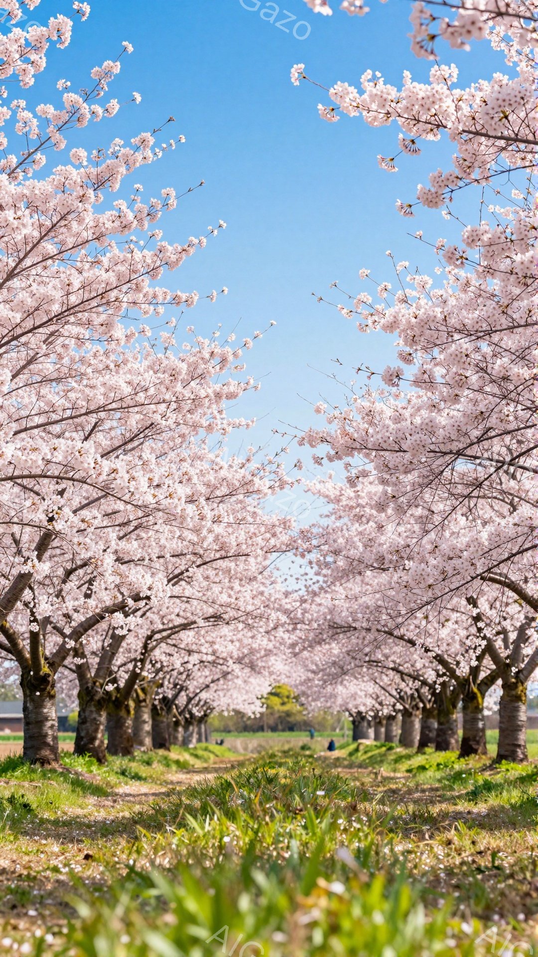 桜並木が続く美しい風景で、満開の桜の花びらが空を覆い、地面には薄いピンク色の花びらが散りばめられている。遠くには人影が見えるが、ぼやけており、桜並木の奥行きを強調している。明るい青空と鮮やかな緑の草が、春の穏やかで希望に満ちた雰囲気を醸し出している。