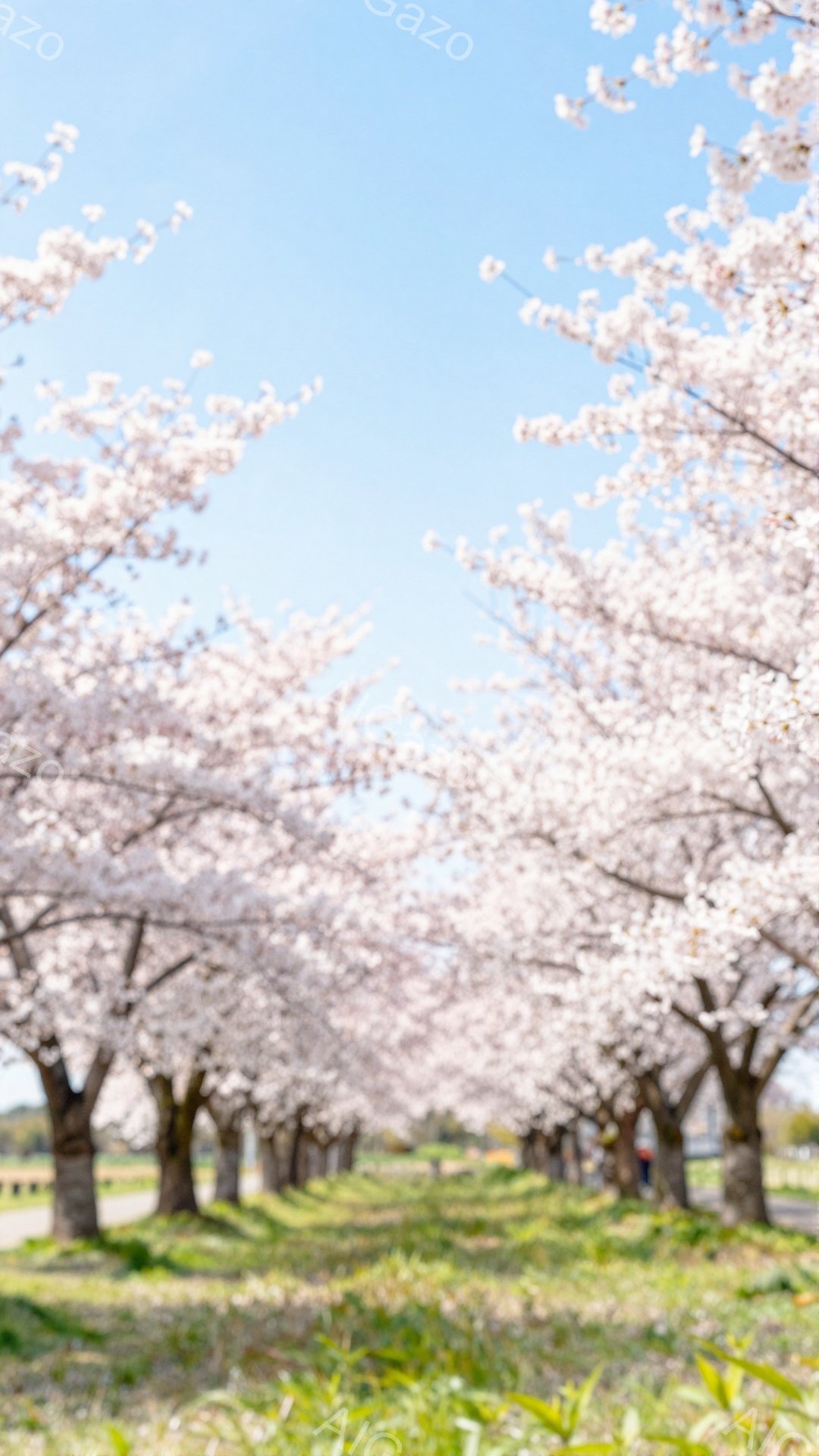 桜並木が続く風景で、満開の桜の花が空を覆っている。緑の草が足元に広がり、遠くには人影が見えるが、ぼやけているため詳細は不明である。晴天の下、春の穏やかな雰囲気が漂っている。