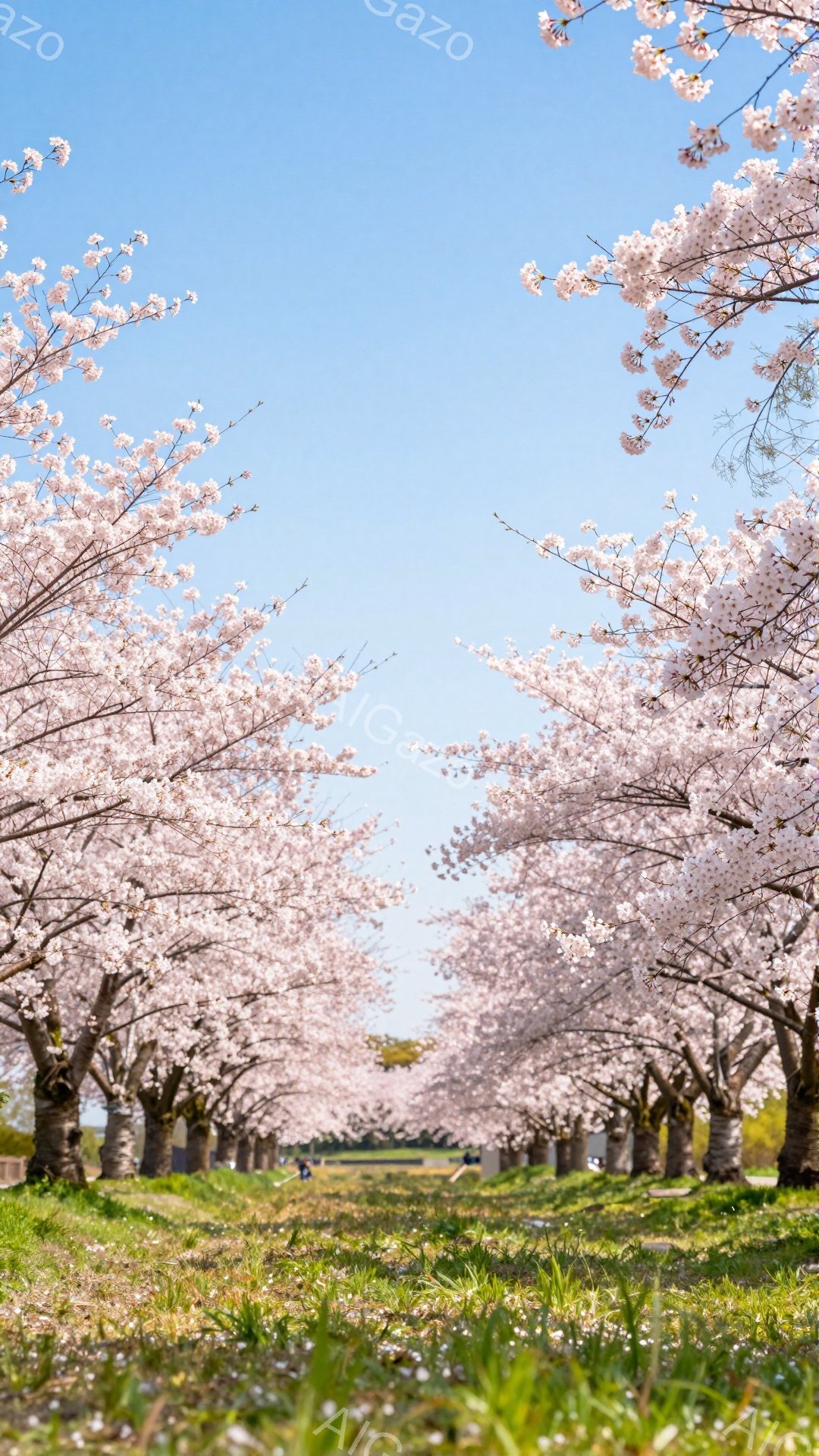 桜並木が続く道が、春の暖かさの中で穏やかに広がっている。地面には散った花びらが敷き詰められ、まるでピンク色の絨毯のようであり、遠くには緑の田園風景が広がっている。空は澄み切った青空で、全体的に優しい雰囲気と春の訪れを感じさせる。