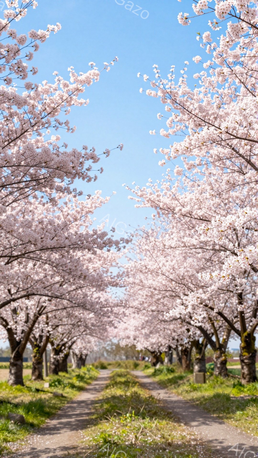 桜並木が続く道が写真の中央をまっすぐに伸びています。両脇の桜は満開で、ピンク色の花びらが空を覆い、地面に舞い散っています。青空と緑の草むら、そして遠くに見える田園風景が、春の穏やかで美しい雰囲気を醸し - AI生成フリー素材