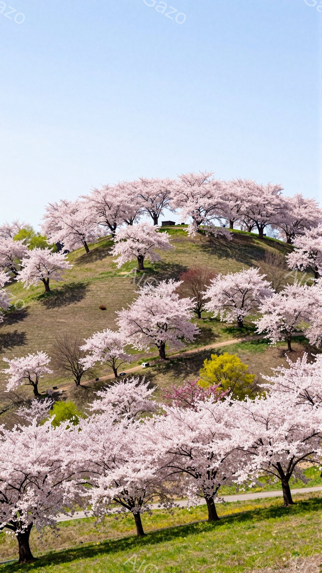 画像は、丘一面に咲き誇る桜並木を捉えています。ピンク色の桜が密集し、まるで雲海のような美しい光景が広がっています。背景には緑の芝生と空が広がり、春の穏やかな雰囲気を醸し出しています。