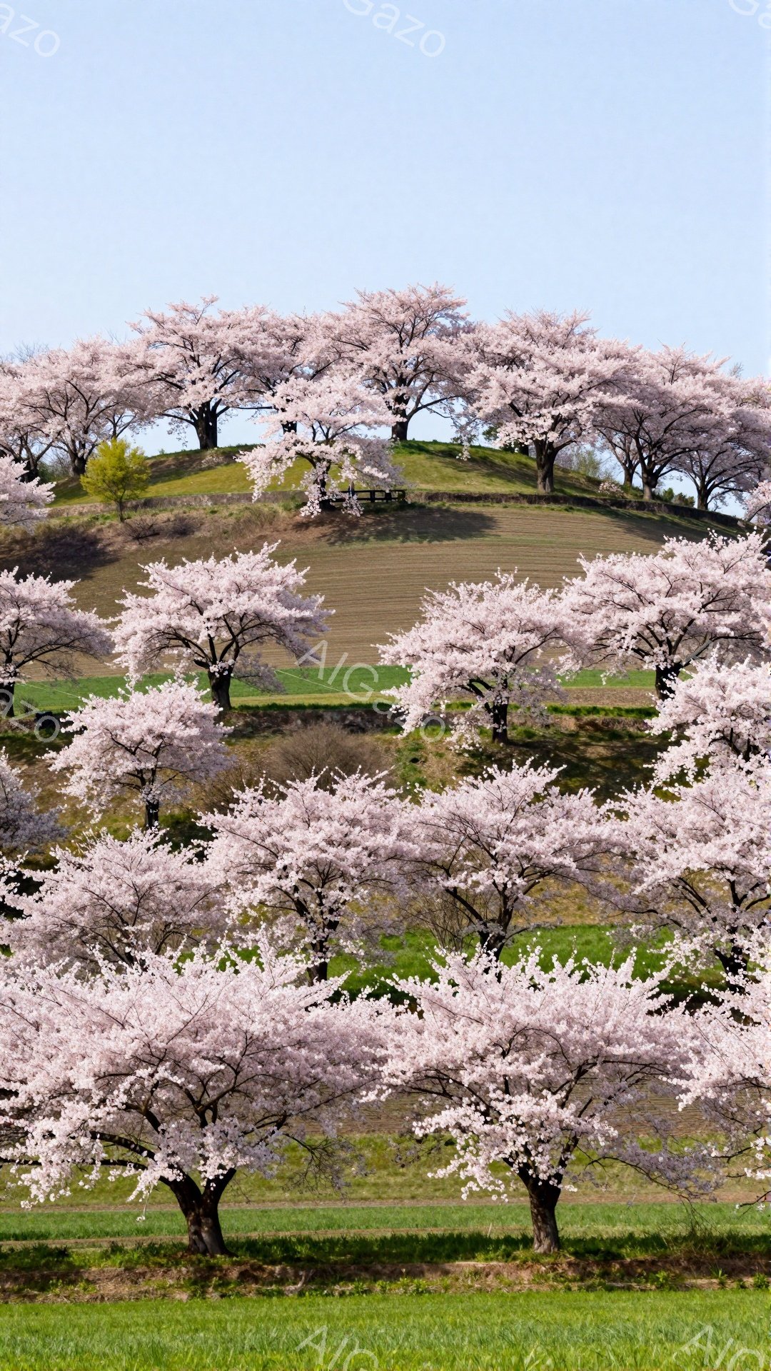 丘一面に桜の木々が咲き誇り、ピンク色の美しい絨毯を敷き詰めたような光景が広がっています。遠景には緑の田園風景が広がり、穏やかな春の陽気に包まれた、平和で穏やかな雰囲気が漂っています。木々は整然と並んでおり、手入れの行き届いた美しい風景です。