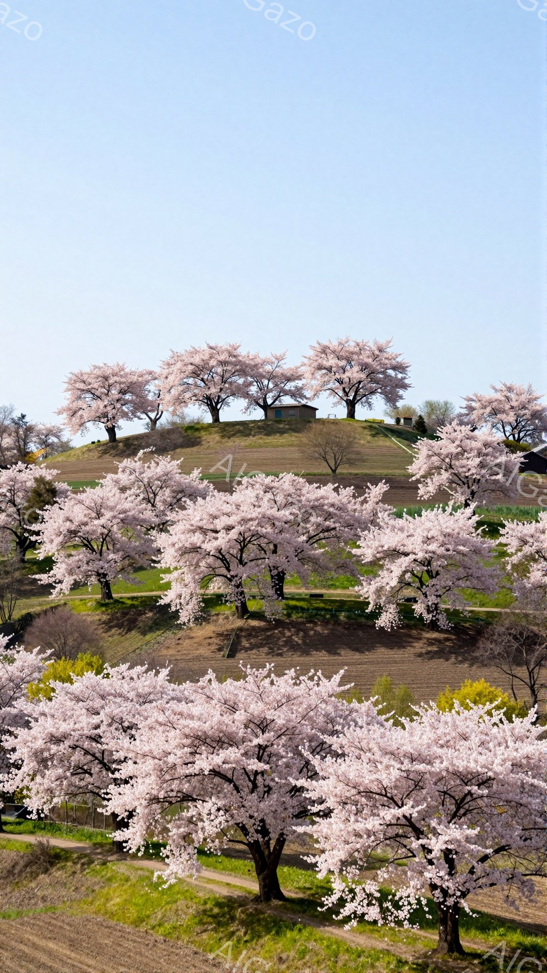 画像は、丘の上に整然と並んだ桜の木々が印象的な風景です。淡いピンク色の桜が満開で、春の暖かさと穏やかさを感じさせます。背景には緑の草地と青空が広がり、のどかな田園風景が広がっています。 - AI生成フリー素材