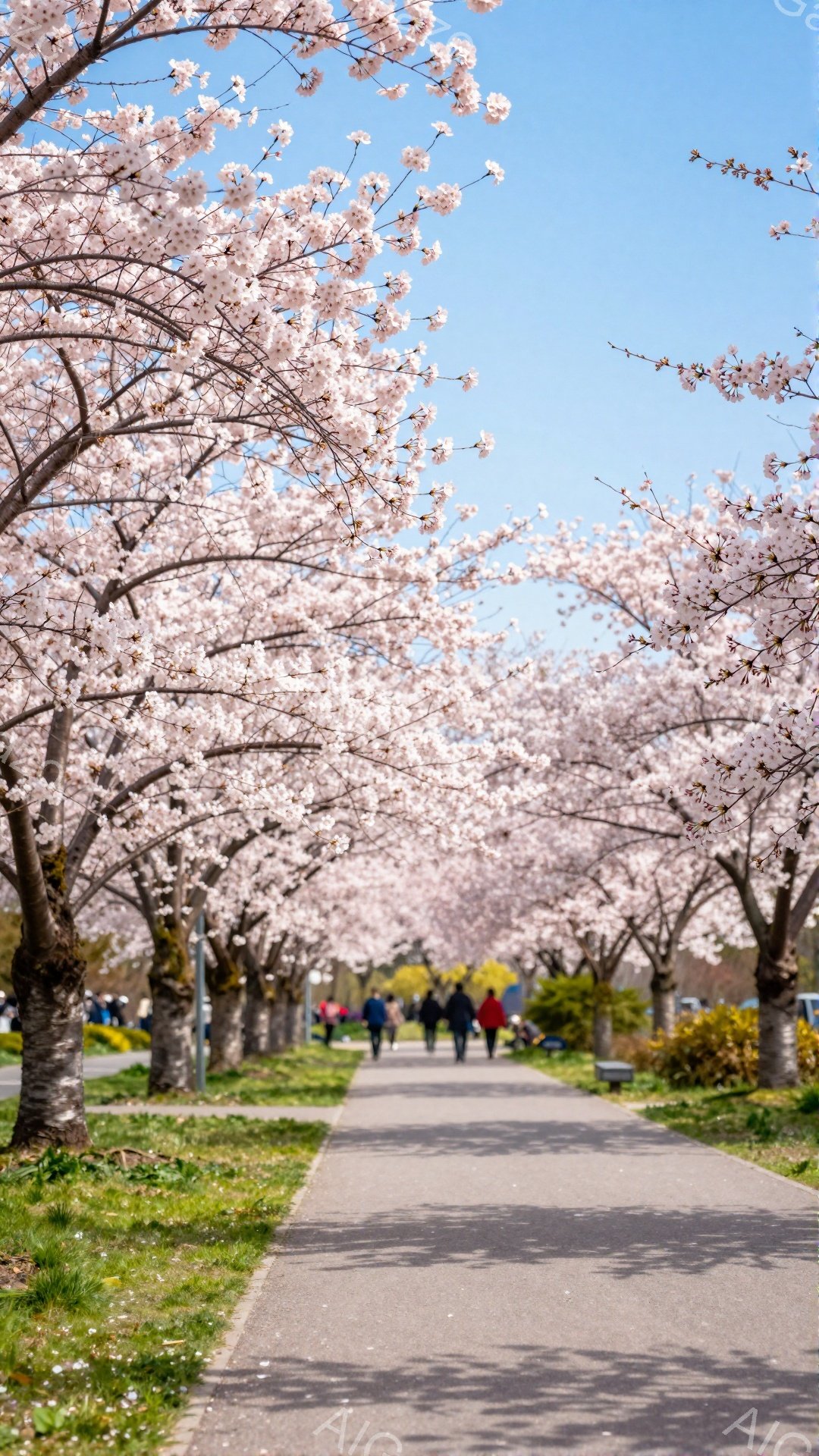 桜並木が続く遊歩道で、数人の人々が散歩を楽しんでいる。人々はカジュアルな服装で、後ろ姿からは表情は読み取れないが、ゆったりとした雰囲気が伝わってくる。背景には青空が広がり、春の穏やかな一日が感じられる - AI生成フリー素材