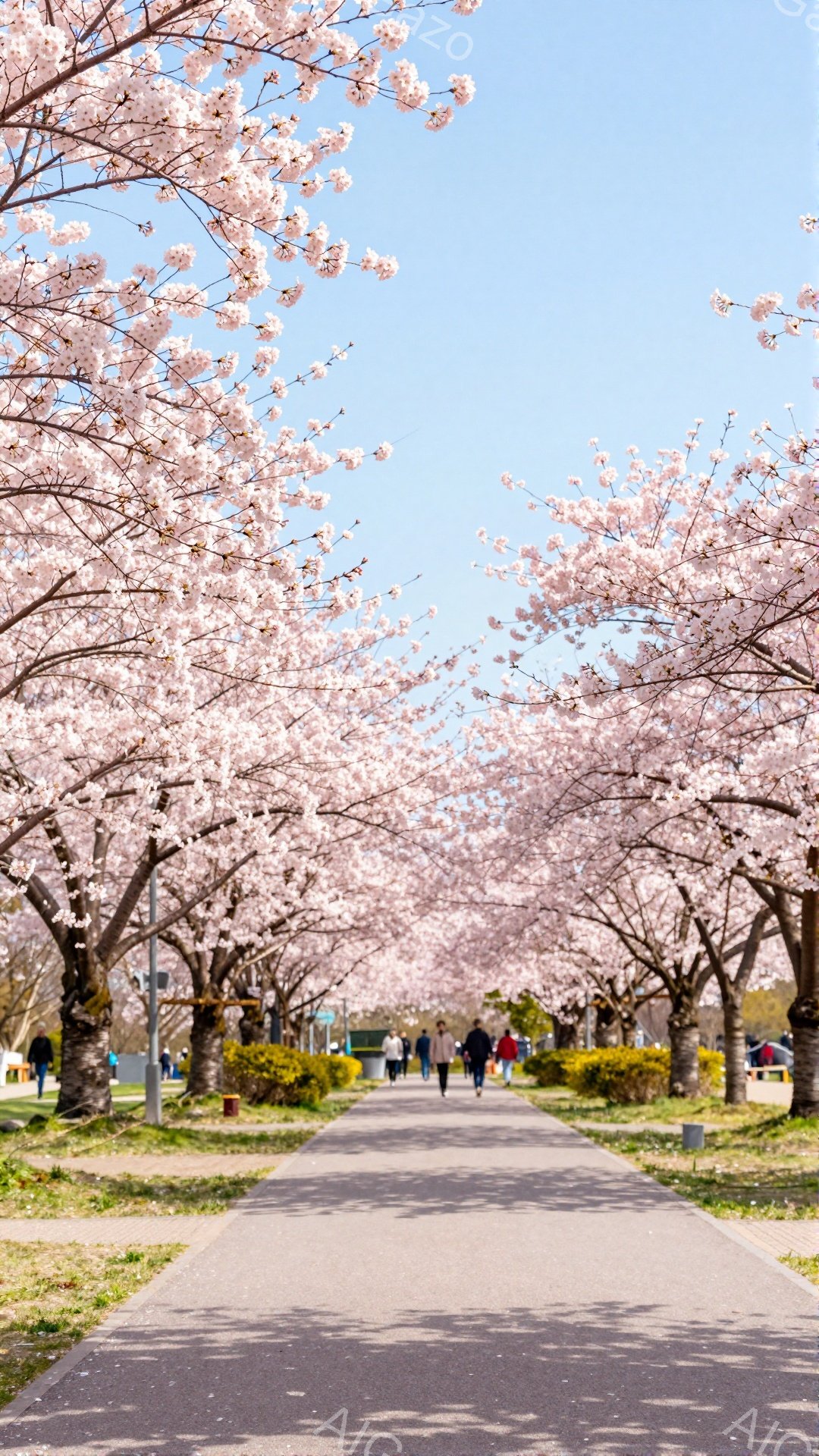 桜並木が続く遊歩道が写っており、満開の桜の花びらが頭上を覆っている。数人の人々が散歩を楽しんでおり、リラックスした雰囲気の中、春の暖かさを感じられる。青空とピンク色の桜のコントラストが美しく、穏やかで平和な光景が広がっている。