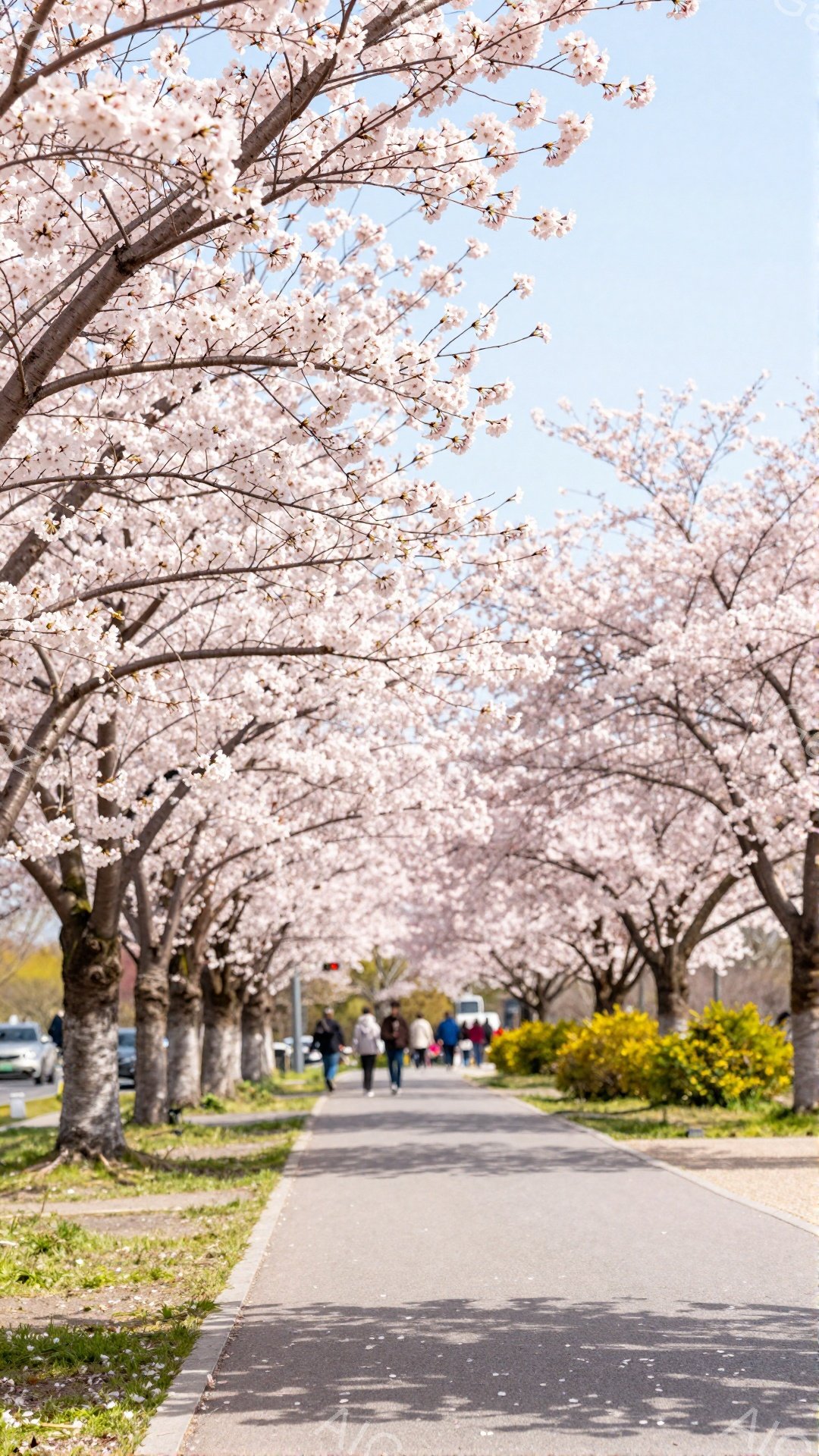 桜並木が続く遊歩道が写っており、満開の桜が頭上にトンネルのように咲き誇っています。数人の人々が道を歩いており、普段着姿でリラックスした様子です。背景には緑の低木や住宅が見え、晴天の下、春の穏やかな雰囲 - AI生成フリー素材