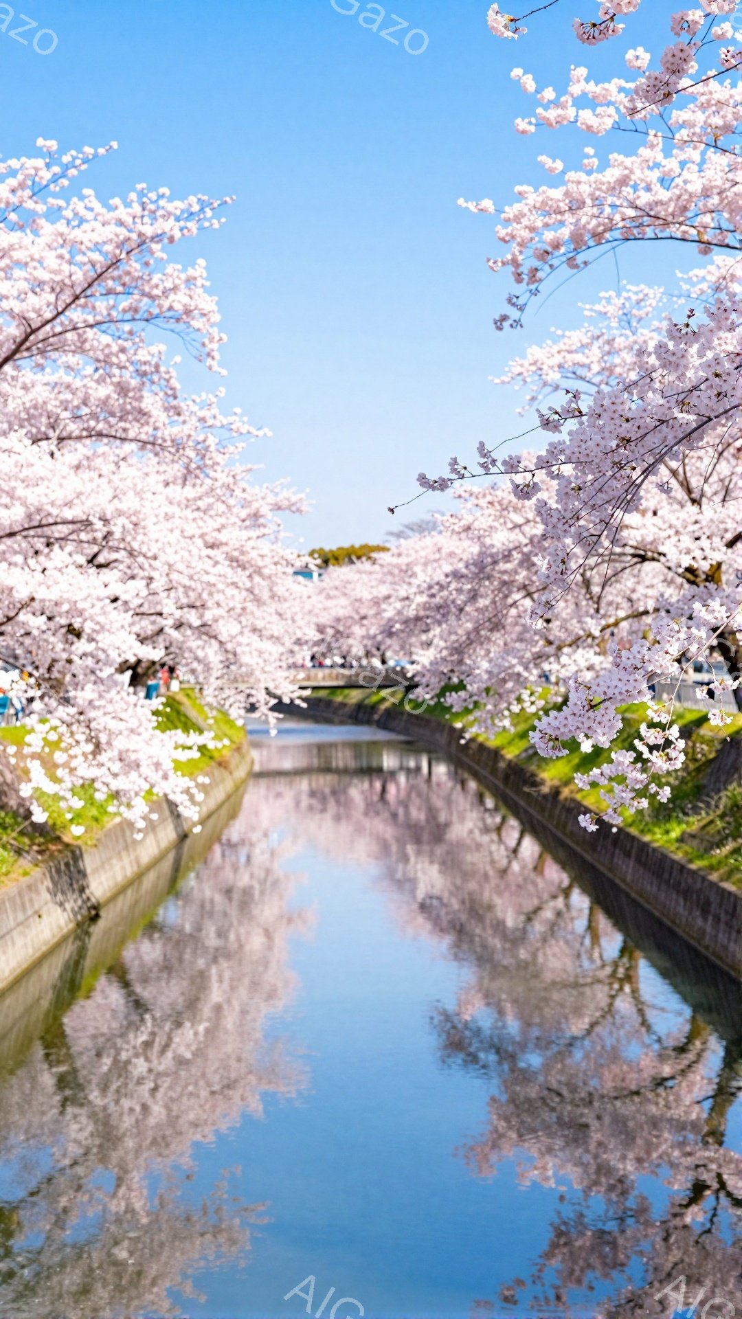 川沿いに桜並木が続き、水面にその美しい花びらが映り込んでいる風景です。空は澄み渡り、日差しが桜の花びらを照らし、春の暖かさを感じさせます。遠くには人が歩いているのが見え、穏やかで平和な春の日の雰囲気が漂っています。