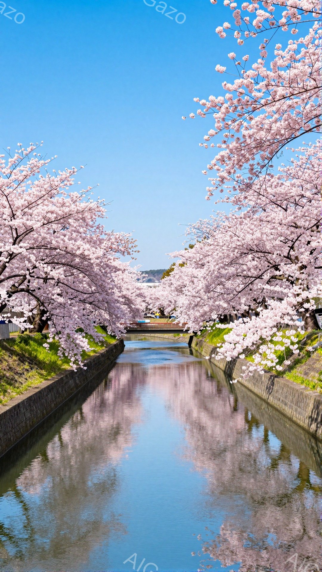 桜並木が続く運河で、水面にピンク色の花びらが映り込み、幻想的な光景が広がっています。運河の両側にはコンクリートの護岸があり、緑の芝生が敷かれています。晴天の下、穏やかな水面と満開の桜が春の訪れを告げる - AI生成フリー素材