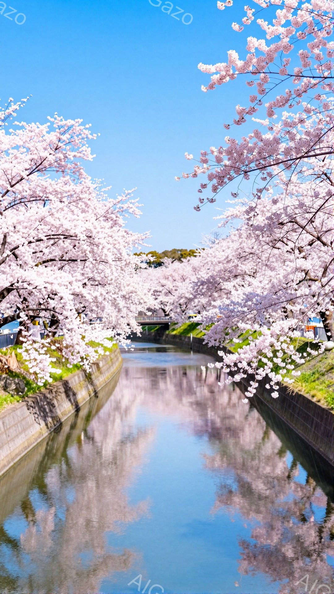 鮮やかな青空の下、桜並木が続く運河が写っている。桜の花びらが水面に反射し、ピンク色の水面が幻想的な雰囲気を醸し出している。運河の両側にはコンクリートの土手があり、その先に緑が垣間見える穏やかな風景だ。 - AI生成フリー素材