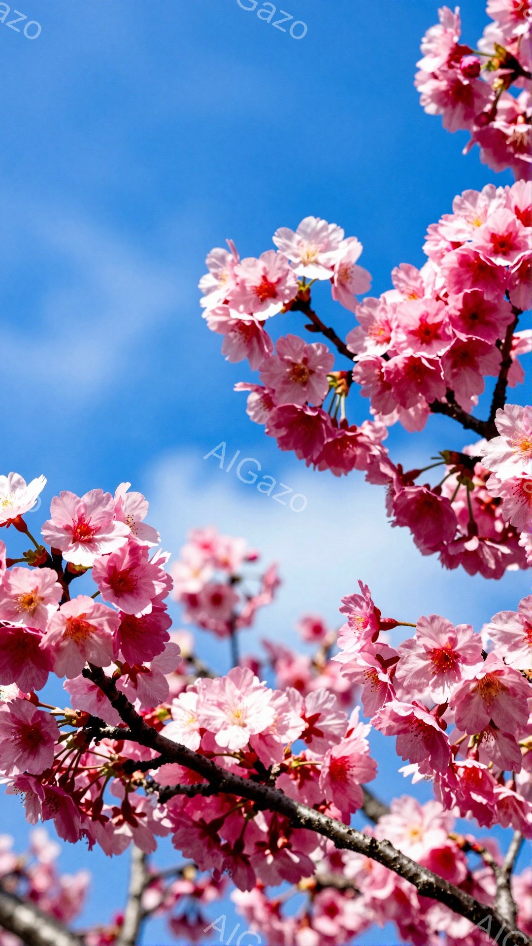 鮮やかな青空を背景に、満開の桜の花が枝いっぱいに咲き誇っています。淡いピンク色の花びらは繊細で、春の暖かさと生命力を感じさせます。背景には白い雲が浮かび、穏やかで希望に満ちた雰囲気を醸し出しています。 - AI生成フリー素材