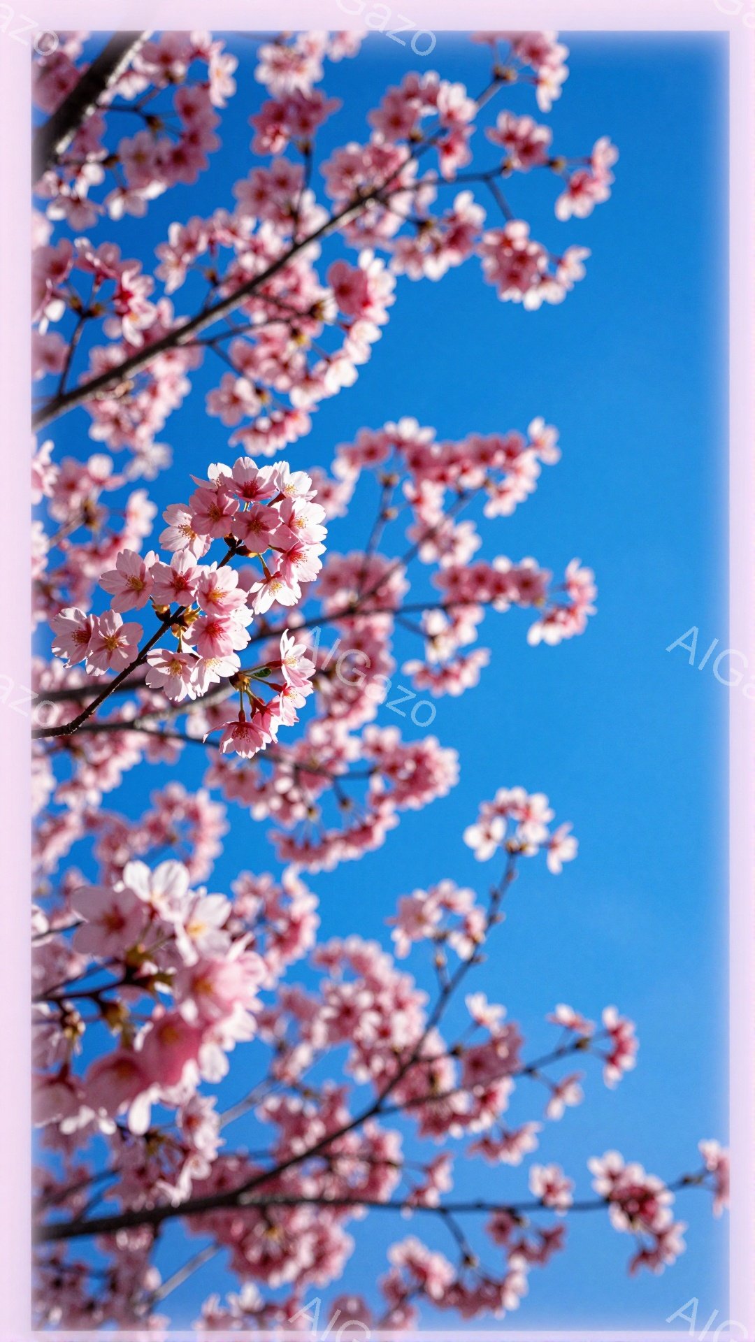 青空を背景に、桜の花が咲き乱れている様子が捉えられています。薄桃色の花びらは、春の暖かさと儚さを表現しており、空の青さと対照的に、生き生きとした印象を与えます。枝は空に向かって伸び、その先に咲き誇る桜が、春の訪れを感じさせます。