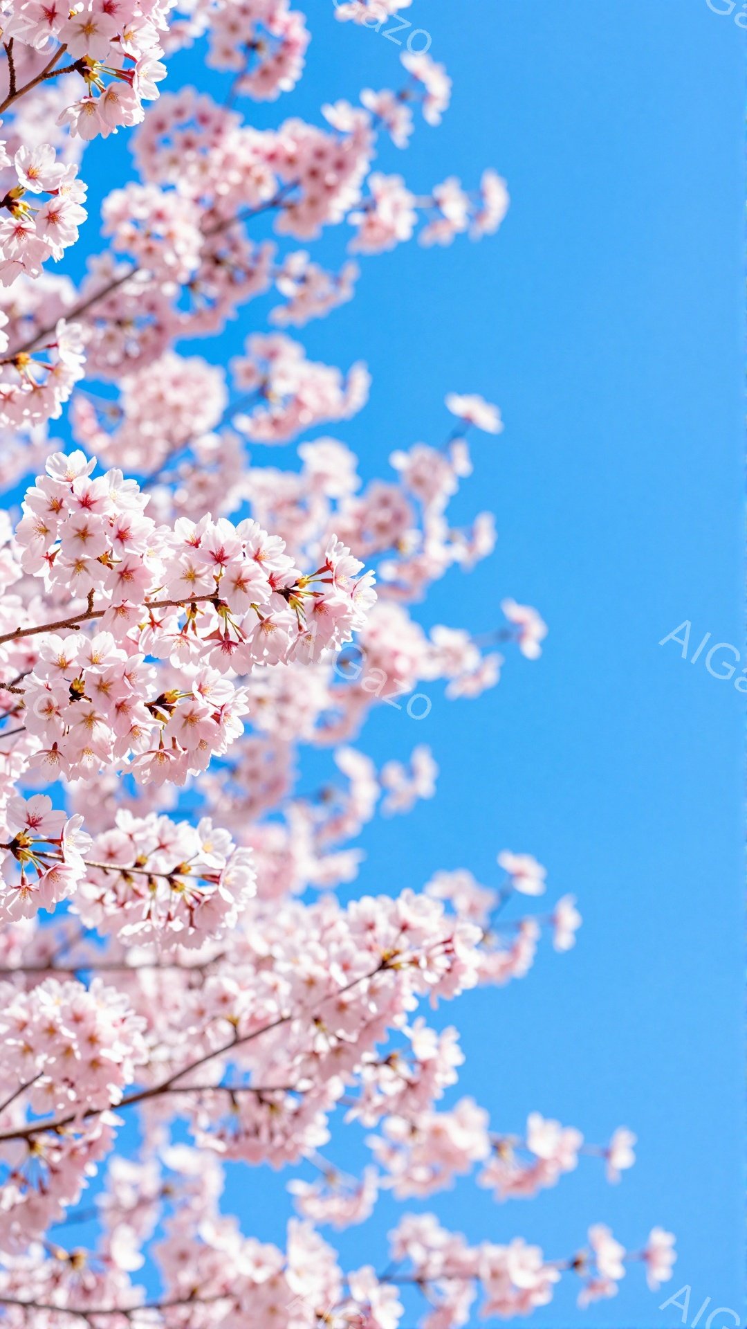 鮮やかな青空を背景に、桜の花が咲き乱れている様子が捉えられています。淡いピンク色の花びらは、春の暖かさと生命力を感じさせ、空に向かって伸びる枝は希望に満ちています。全体的に、優美で穏やかな春の雰囲気が - AI生成フリー素材