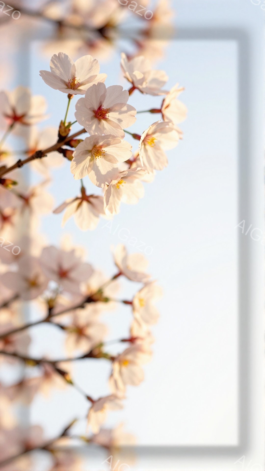 柔らかな日差しの中で、桜の花が咲き乱れている様子が捉えられている。薄桃色の花びらは繊細で、枝に密集して春の息吹を感じさせる。背景は淡い空色で、穏やかで優しい雰囲気を醸し出している。 - AI生成フリー素材