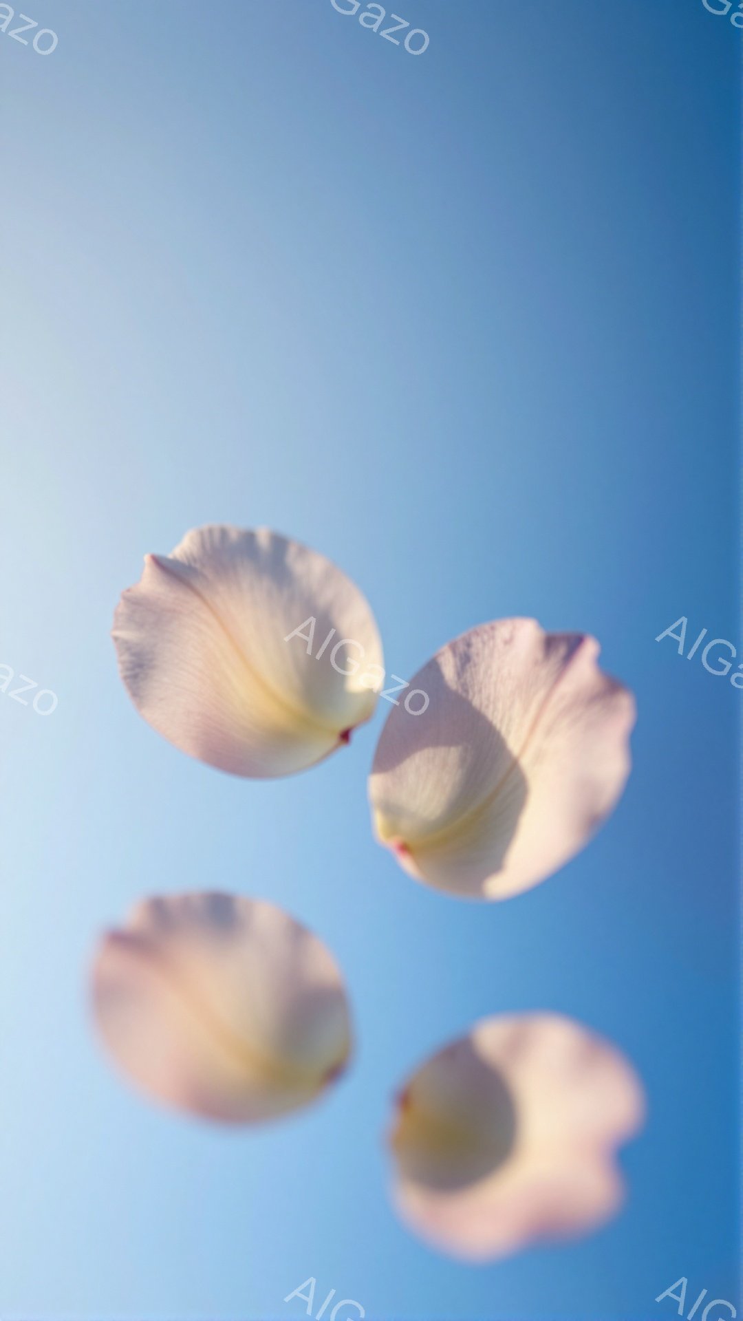 空を背景に、淡いピンク色の花びらが四枚、まるで宙を舞っているかのように配置されている。花びらは優雅な曲線を描き、光を受けて繊細な陰影が浮かび上がっている。背景は晴れ渡った青空で、花びらの儚さと空の広大さが対比的で、穏やかで幻想的な雰囲気を醸し出している。