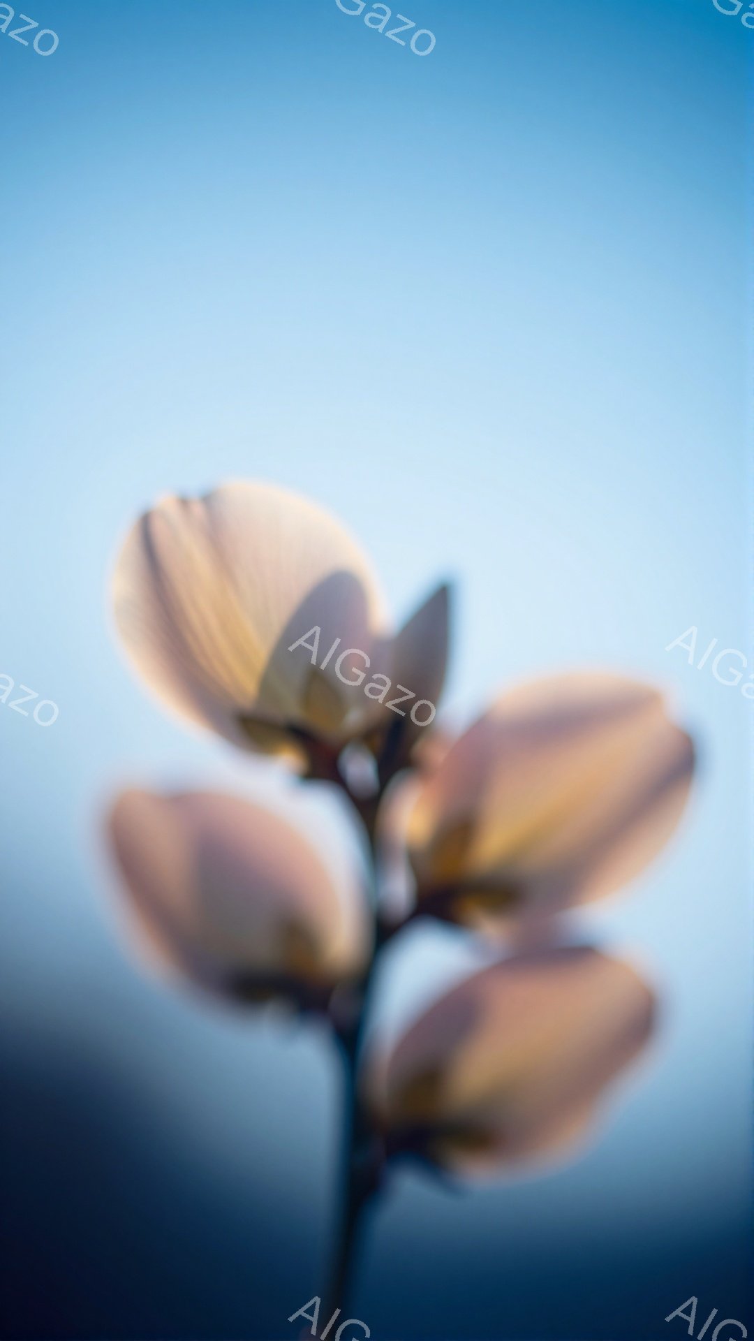 ぼやけた背景に、淡いピンク色の木の花が咲き誇っている。花びらは優雅に開いており、春の暖かさと生命力を感じさせる。空は薄い青色で、花の色合いを引き立て、穏やかな雰囲気を醸し出している。