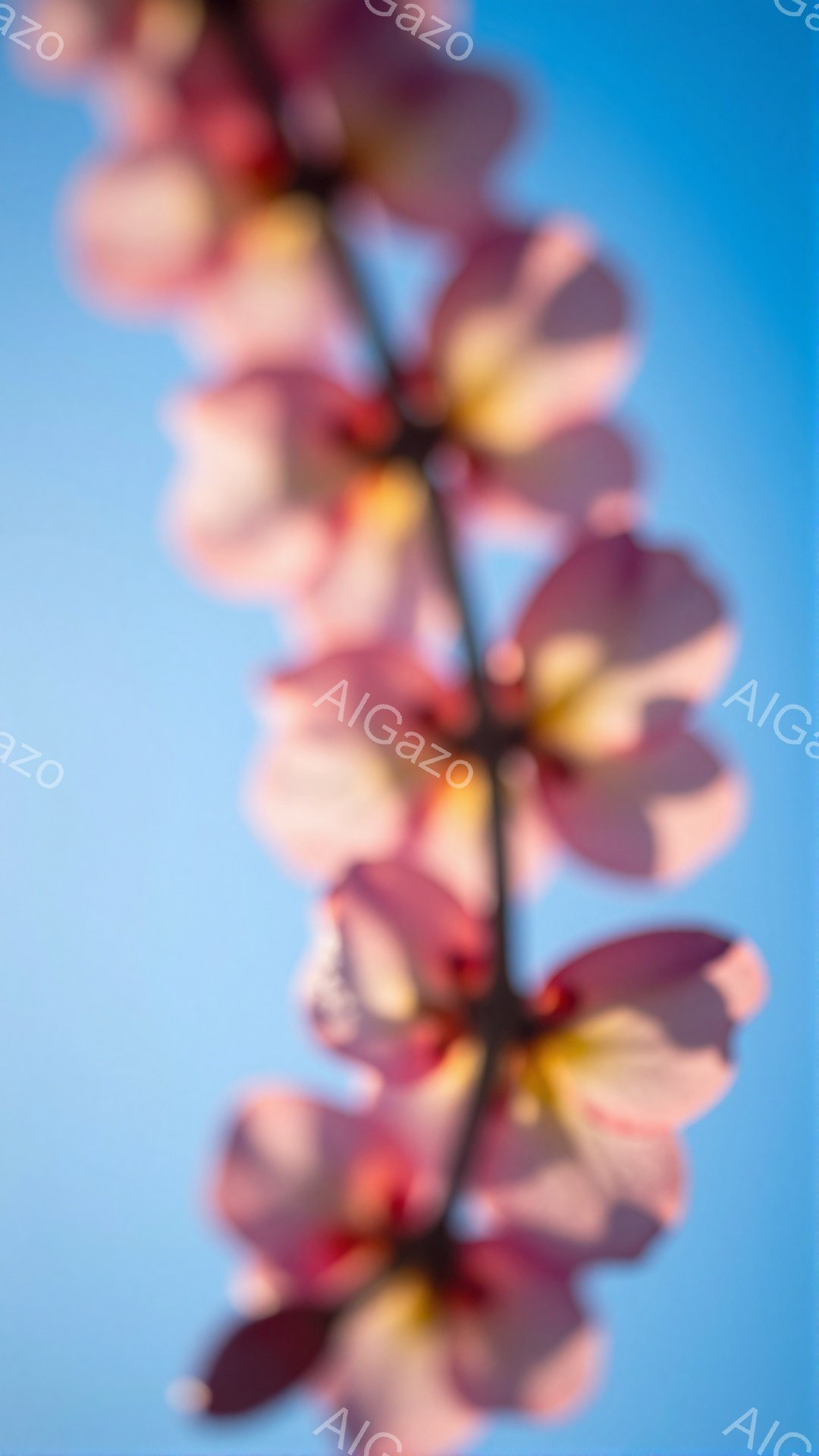 鮮やかな青空を背景に、淡いピンク色の桜の花が枝につららりと咲き誇っている様子が捉えられています。花びらは、かすかに黄色がかった白色で、柔らかい光を受けて美しく輝いている。春の暖かさと生命力を感じさせる、穏やかで優しい雰囲気の写真です。