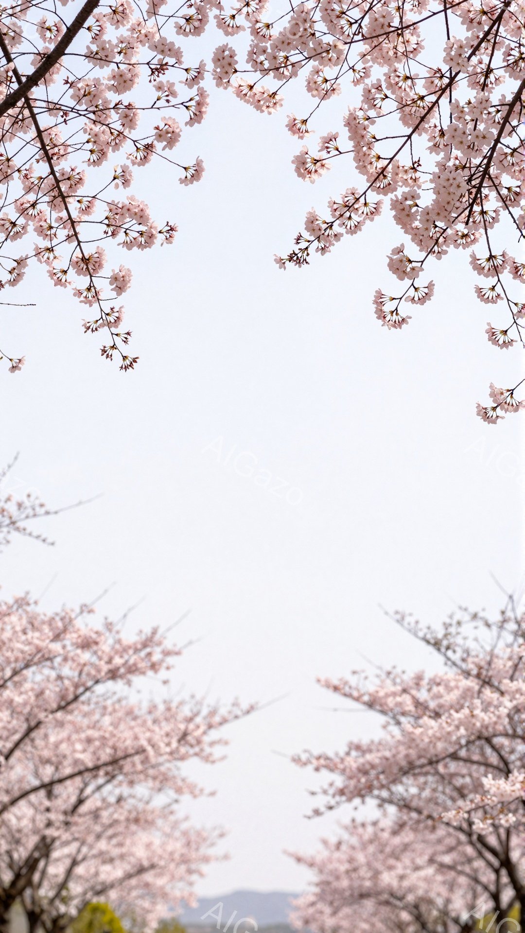 満開の桜並木が続く道が写っている。ピンク色の桜の花びらが空を覆い、まるでトンネルのようになっている。背景には薄く山々が見え、春の穏やかな雰囲気が漂っている。