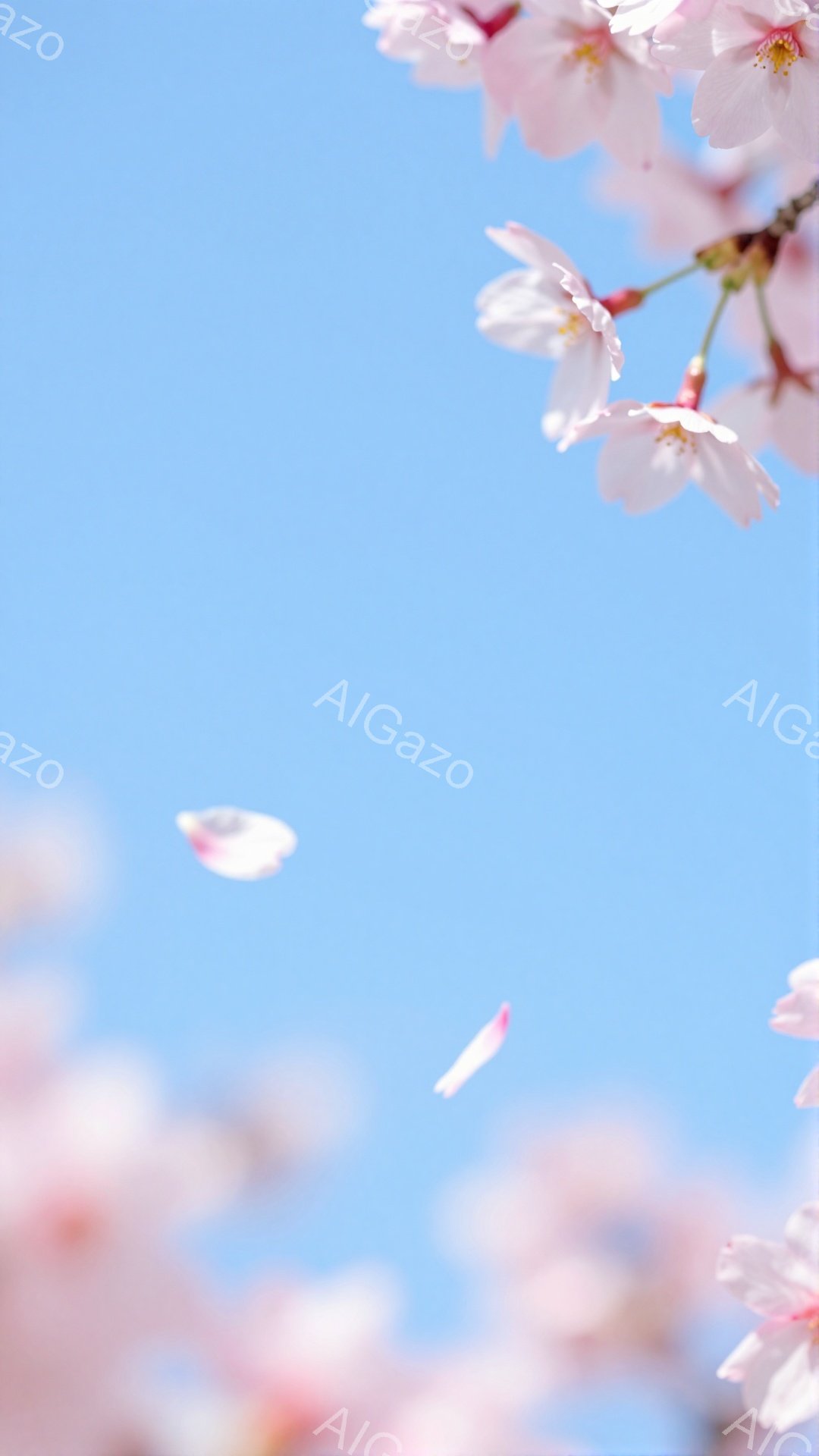 鮮やかな青空を背景に、桜の花びらが舞い散る様子が捉えられています。薄いピンク色の花びらが空中に漂い、春の穏やかさと儚さを表現しています。背景には桜の枝が一部見え、全体的に柔らかく優しい雰囲気を醸し出しています。