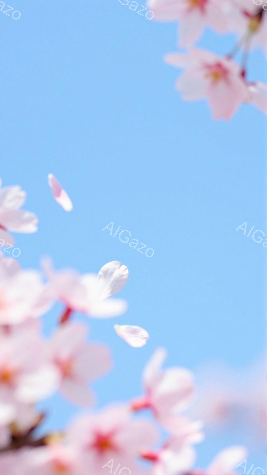 鮮やかな青空を背景に、桜の花びらが舞い散る様子が捉えられています。薄桃色の花びらは繊細で、春の暖かさと儚さを感じさせます。背景は空のみで、花びらがより一層引き立ち、穏やかでロマンチックな雰囲気を醸し出しています。