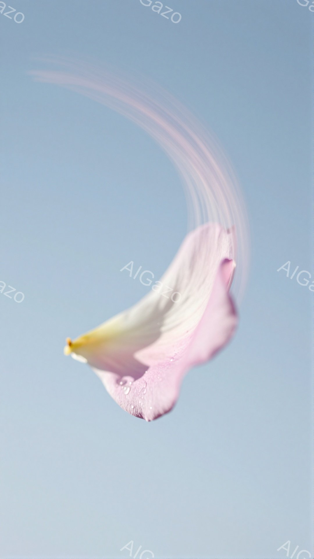 空を舞う薄桃色のユリの花びらが捉えられています。水滴が花びらにつき、まるで動きの軌跡を視覚化しているかのようです。背景は淡い青空で、花びらの優雅な舞いと静謐な雰囲気を引き立てています。