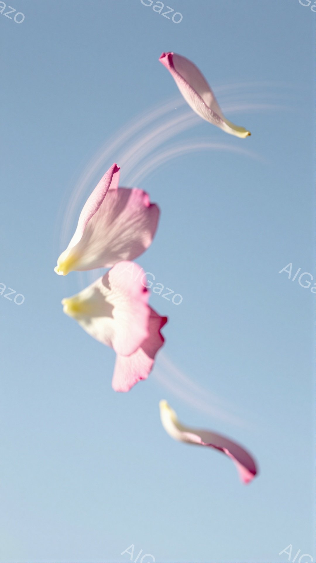 空を舞うピンクと白のチューリップの花びらが捉えられています。花びらはまるで風に運ばれているかのように、躍動感のある曲線を描き、それぞれに光の筋がついています。背景は晴れた空の淡い青色で、花びらの繊細な美しさを際立たせています。