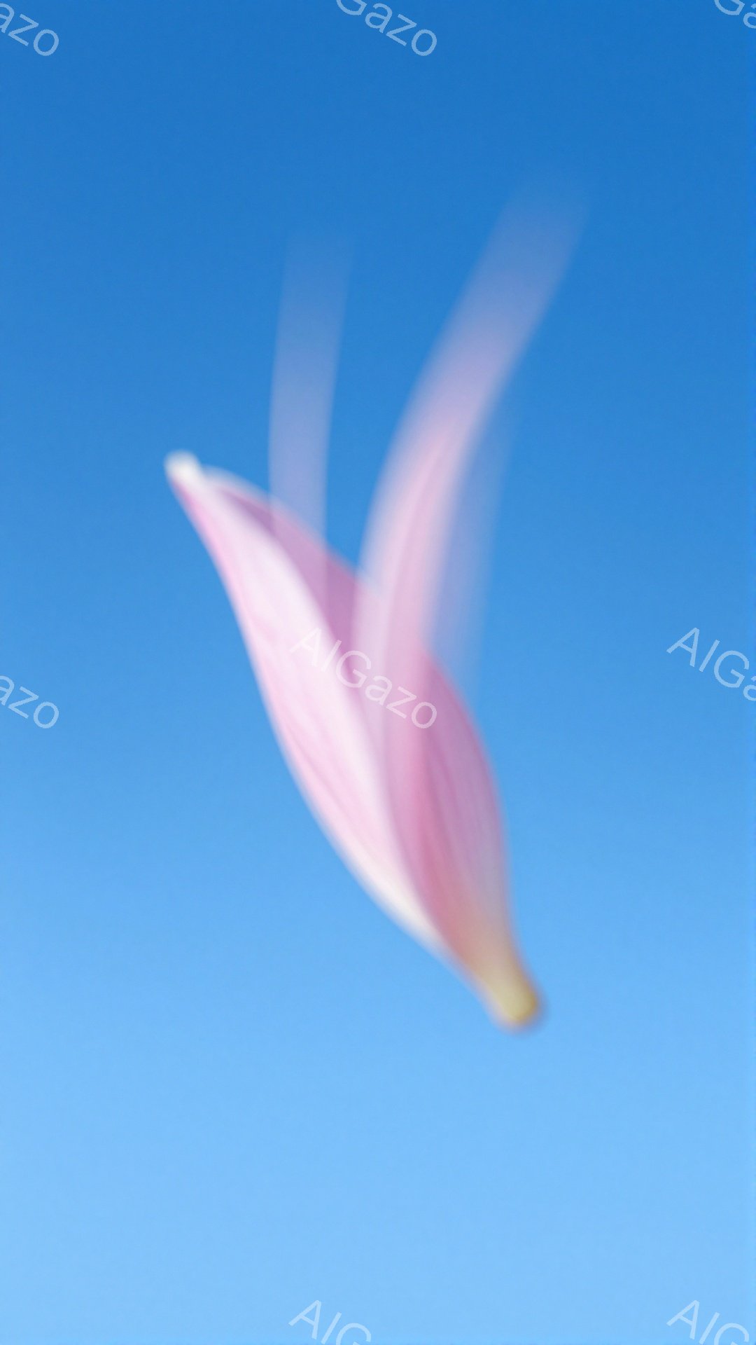 淡いピンク色の花びらが、鮮やかな青空の中を舞い落ちている様子が捉えられている。花びらは少しカールしており、風に吹かれて動いているため、流れるような軌跡が写り込んでいる。背景は均一な青色で、花びらの儚さ - AI生成フリー素材