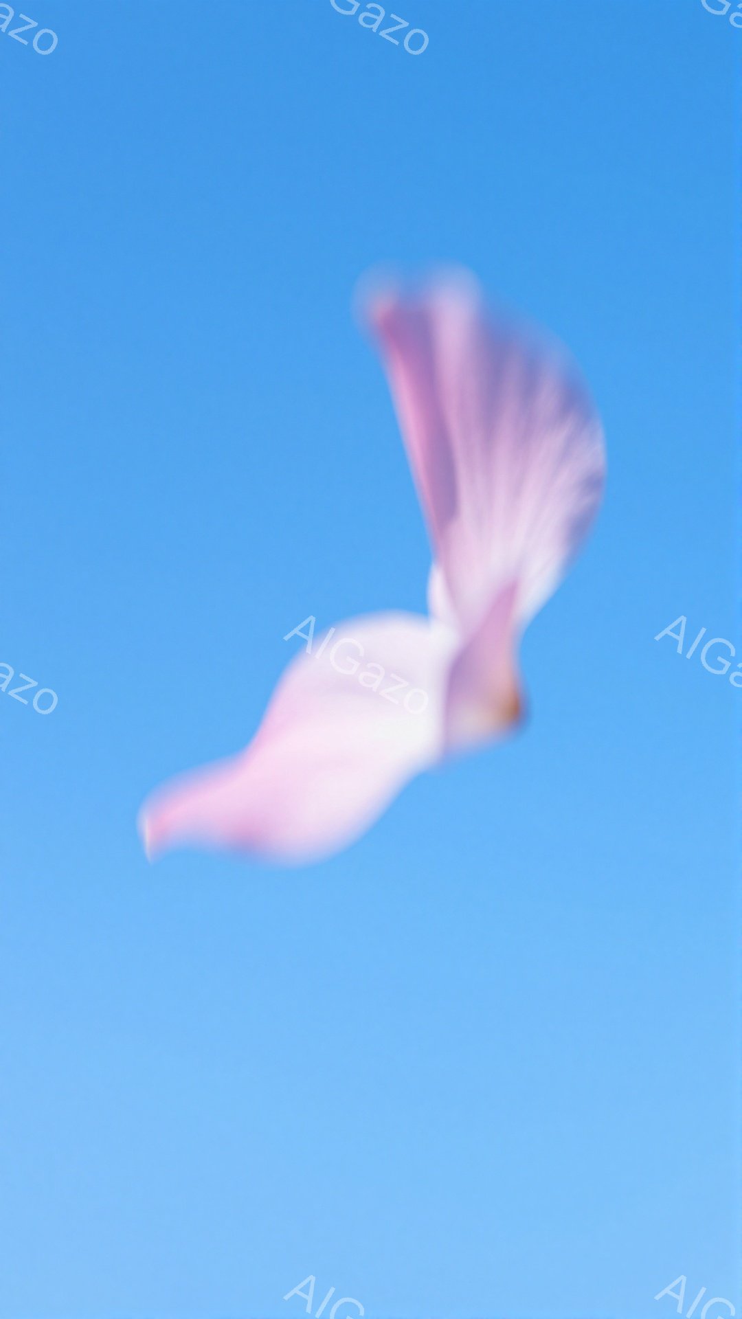 空を背景に、ピンク色のドレスのようなものが躍動しているように見える。布のようなものが大きく広がり、動きのあるシルエットを描いている。鮮やかな空の色とのコントラストが印象的で、軽やかで幻想的な雰囲気が漂う。