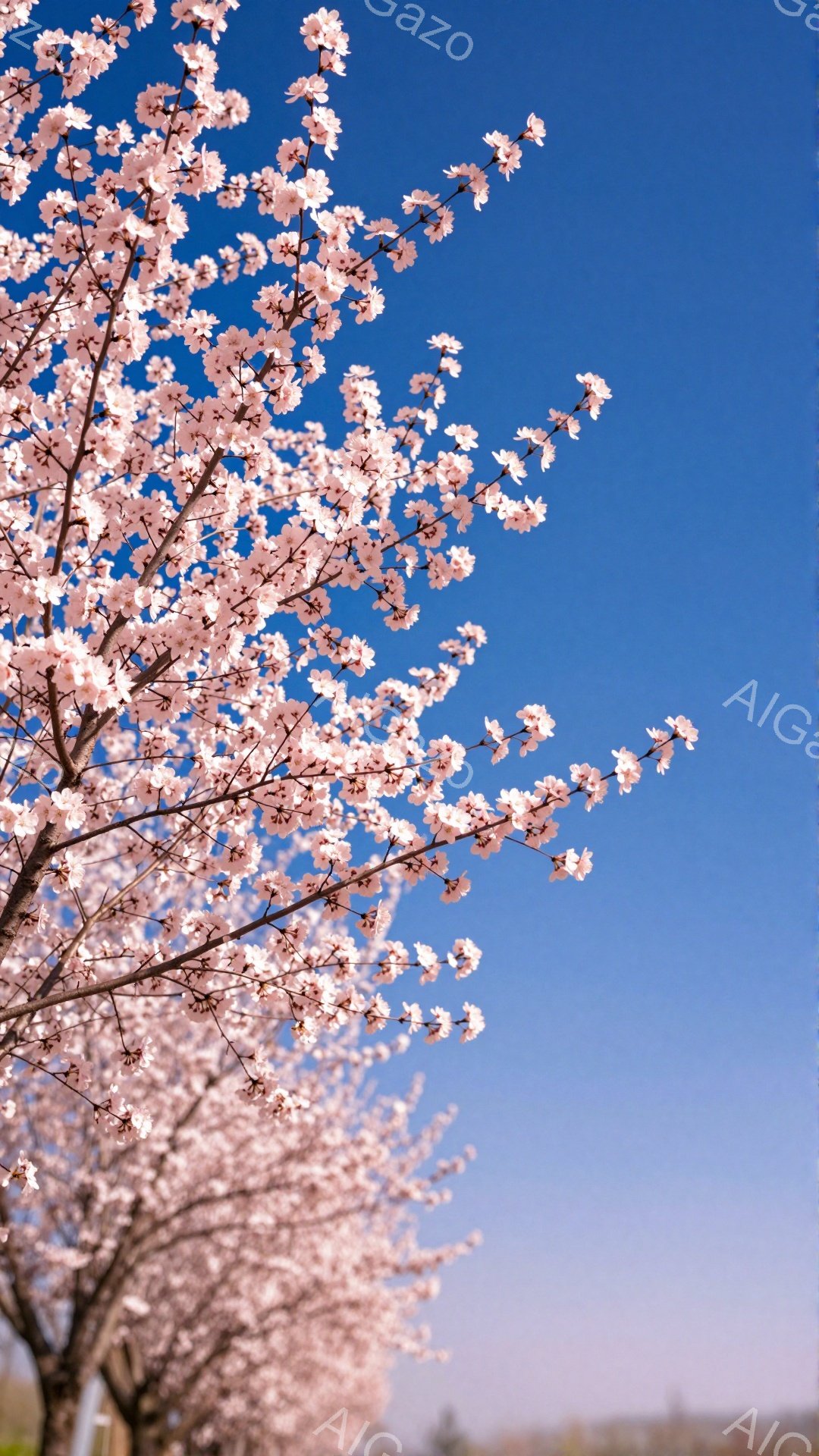 満開の桜が空に向かって枝を伸ばし、春の訪れを告げている。青空を背景に、淡いピンク色の花びらが美しく、穏やかで希望に満ちた雰囲気を醸し出している。地面には緑が広がり、春の暖かさを感じさせる。 - AI生成フリー素材