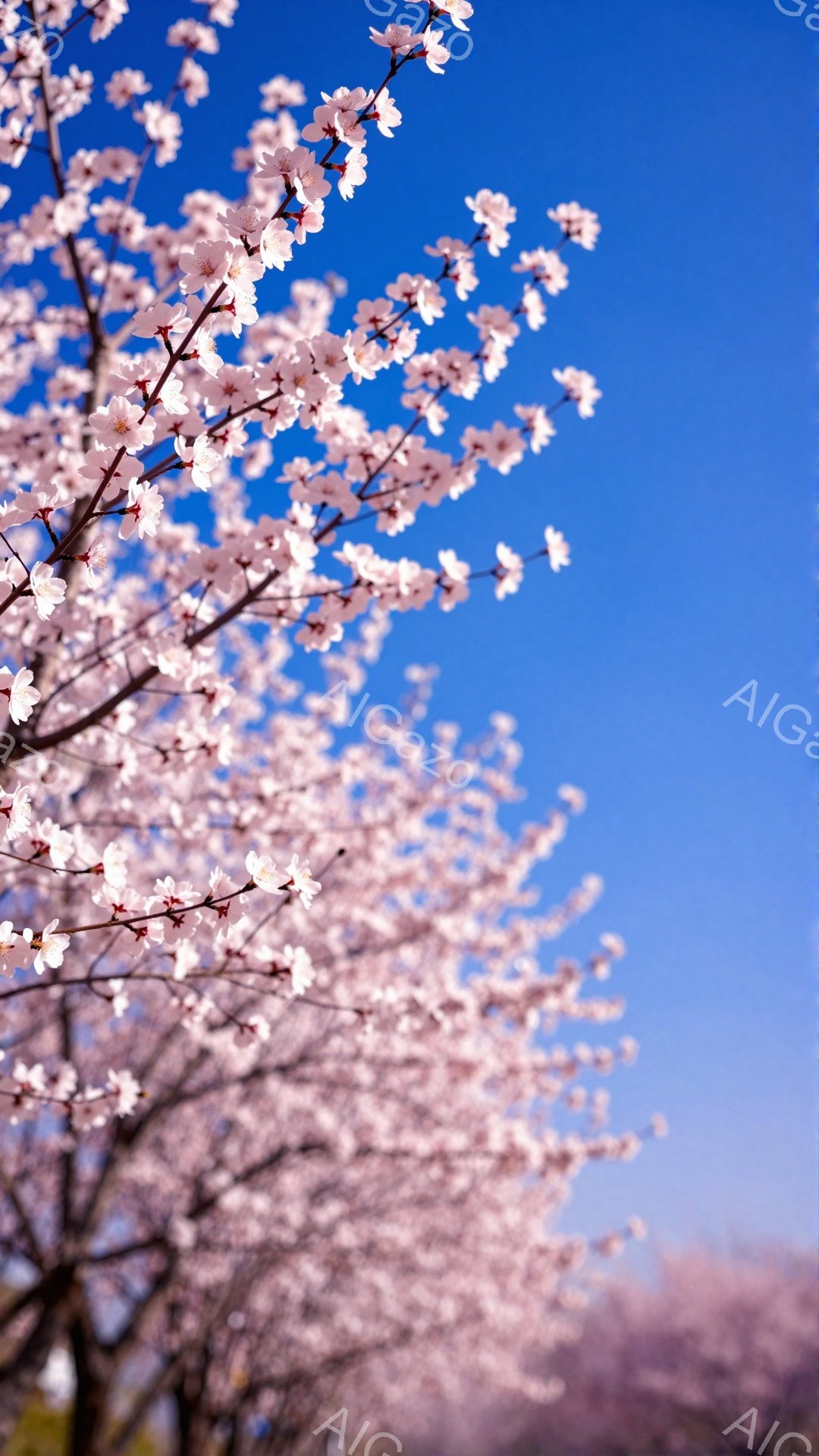 空は鮮やかな青色で、桜の木々が咲き誇っている様子が捉えられている。淡いピンク色の花びらが密集し、枝いっぱいに咲き乱れている様子は、春の訪れを感じさせる美しい光景だ。背景には他の桜の木々もぼんやりと見え - AI生成フリー素材